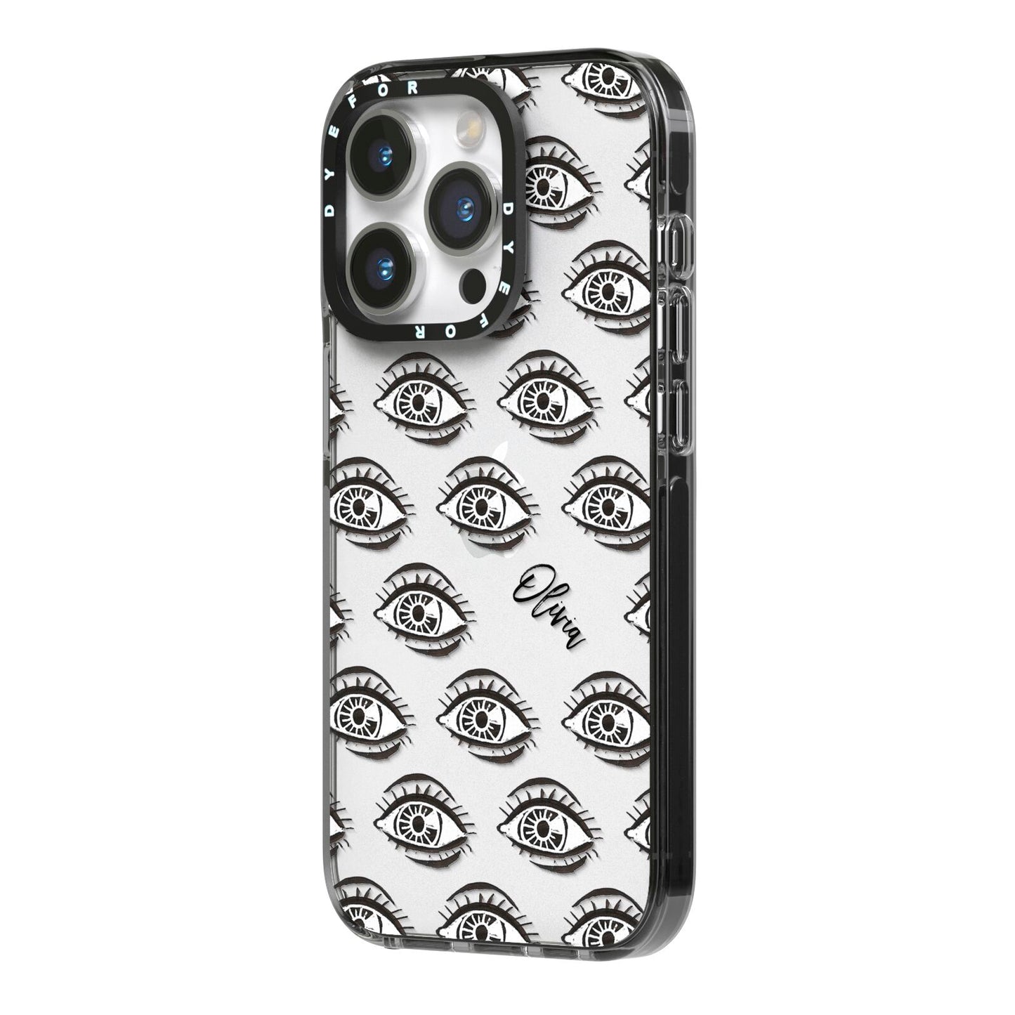 Eye Eye Personalised iPhone 14 Pro Black Impact Case Side Angle on Silver phone