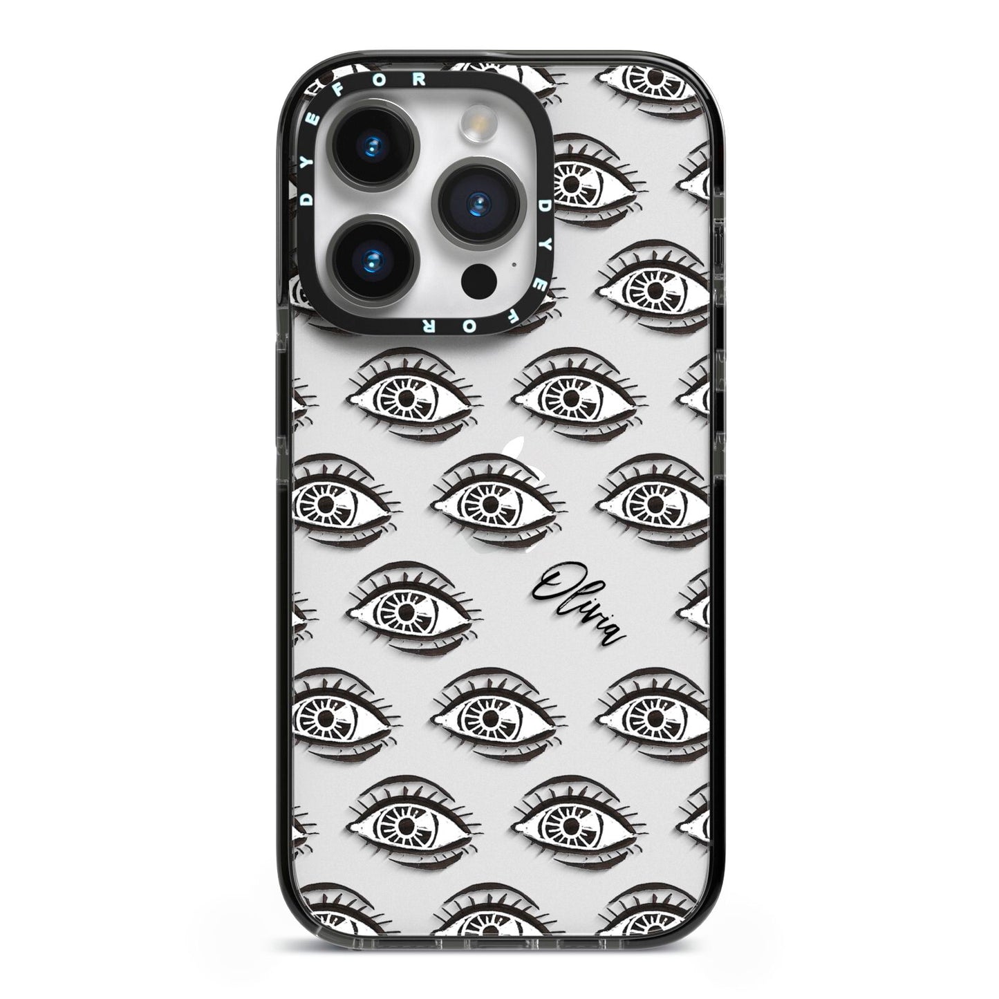 Eye Eye Personalised iPhone 14 Pro Black Impact Case on Silver phone