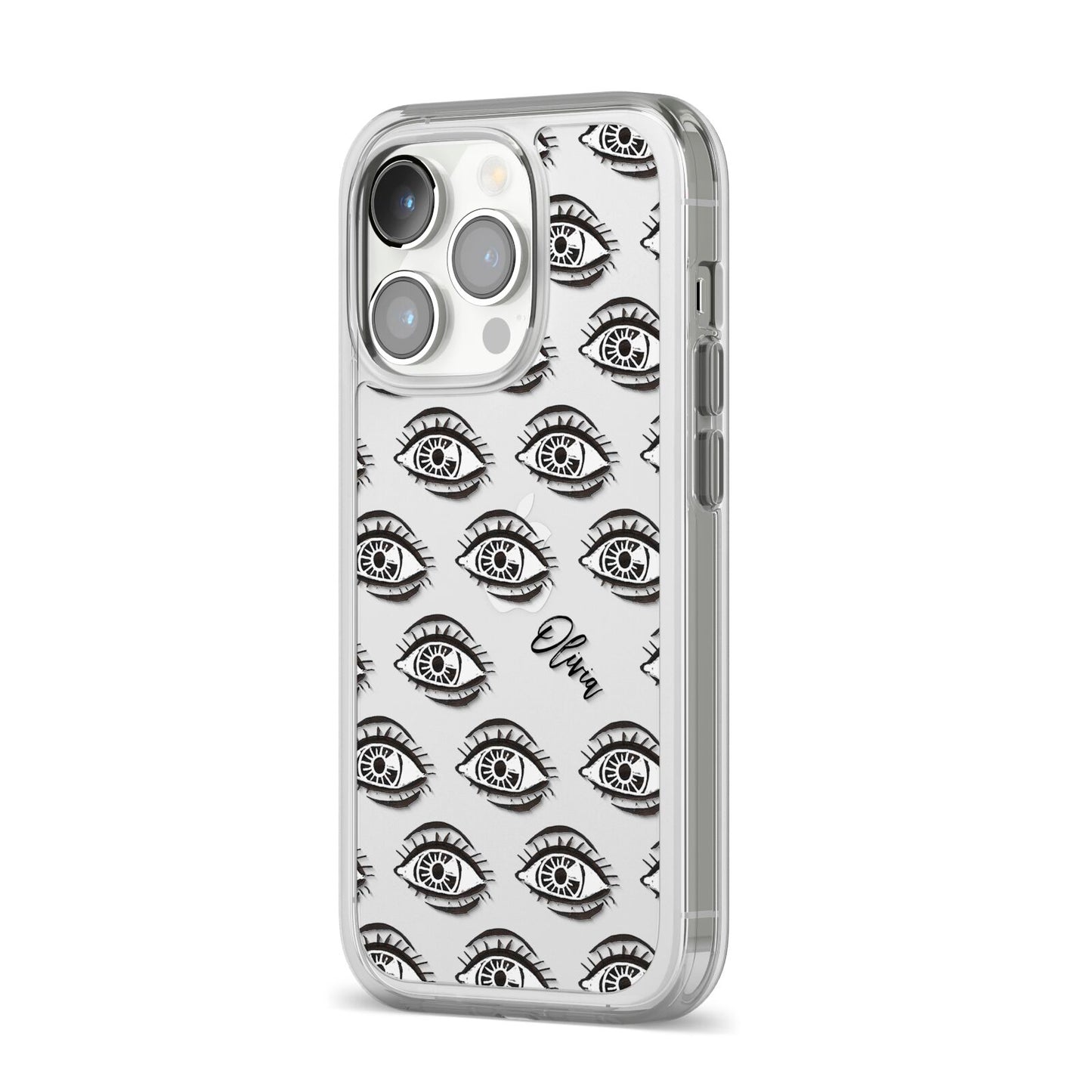 Eye Eye Personalised iPhone 14 Pro Clear Tough Case Silver Angled Image