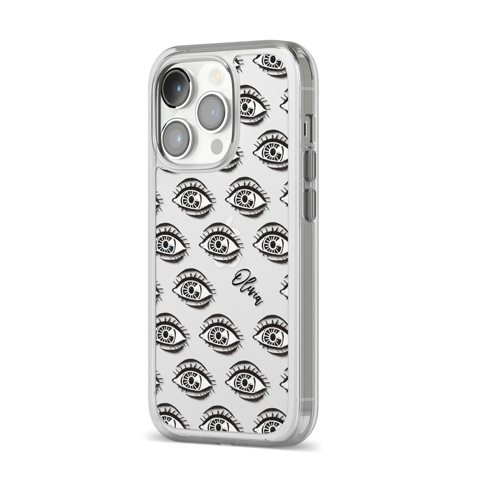 Eye Eye Personalised iPhone 14 Pro Clear Tough Case Silver Angled Image