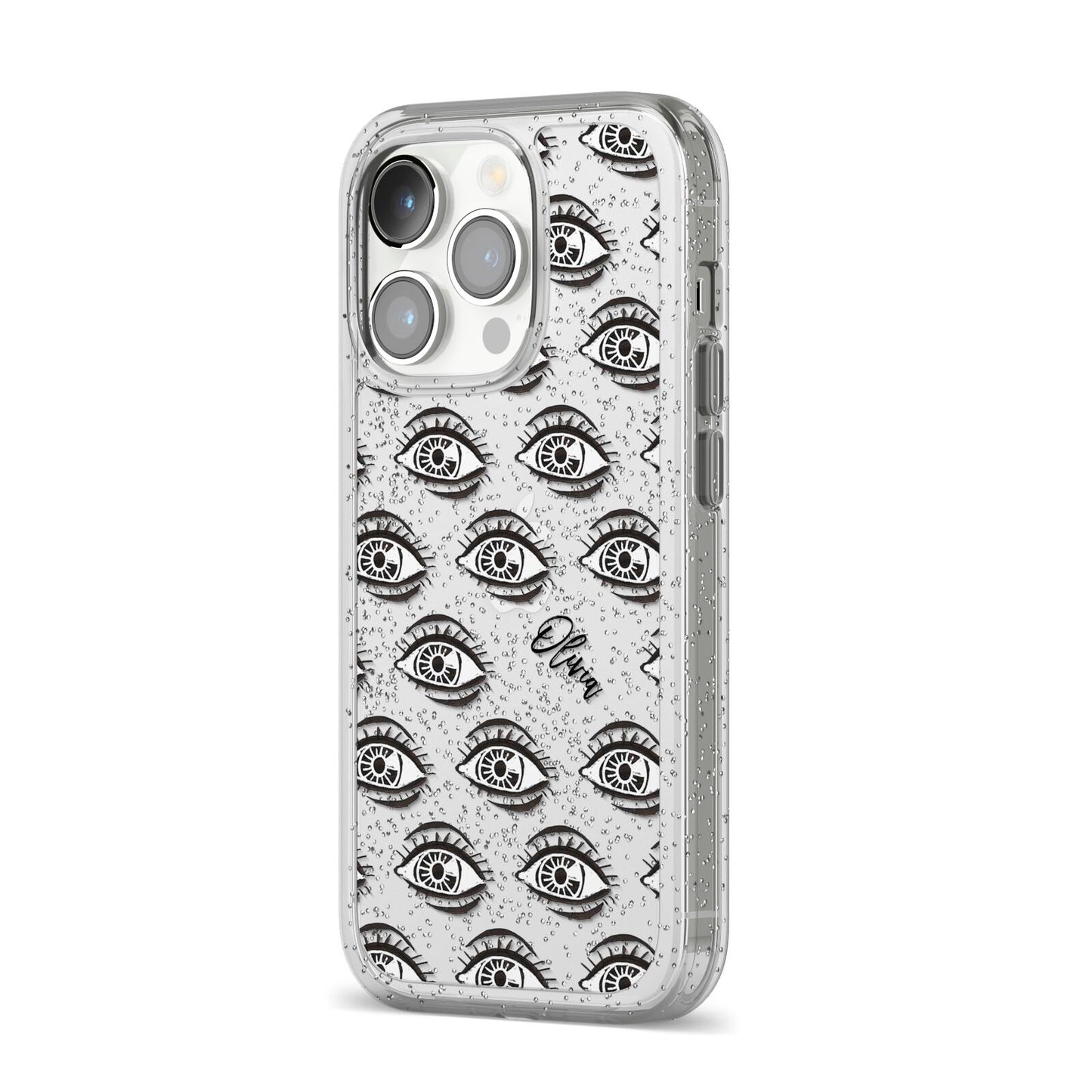 Eye Eye Personalised iPhone 14 Pro Glitter Tough Case Silver Angled Image