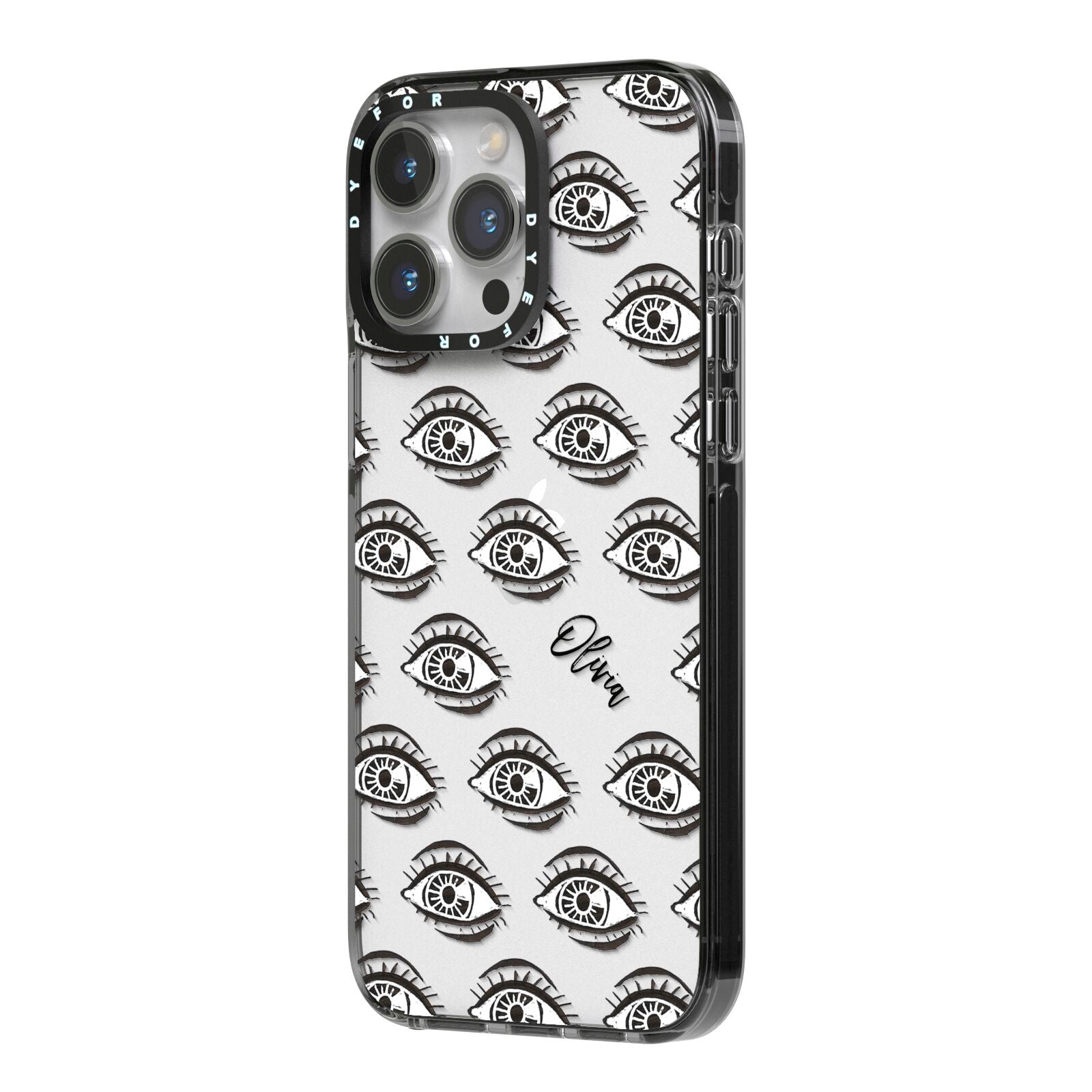 Eye Eye Personalised iPhone 14 Pro Max Black Impact Case Side Angle on Silver phone