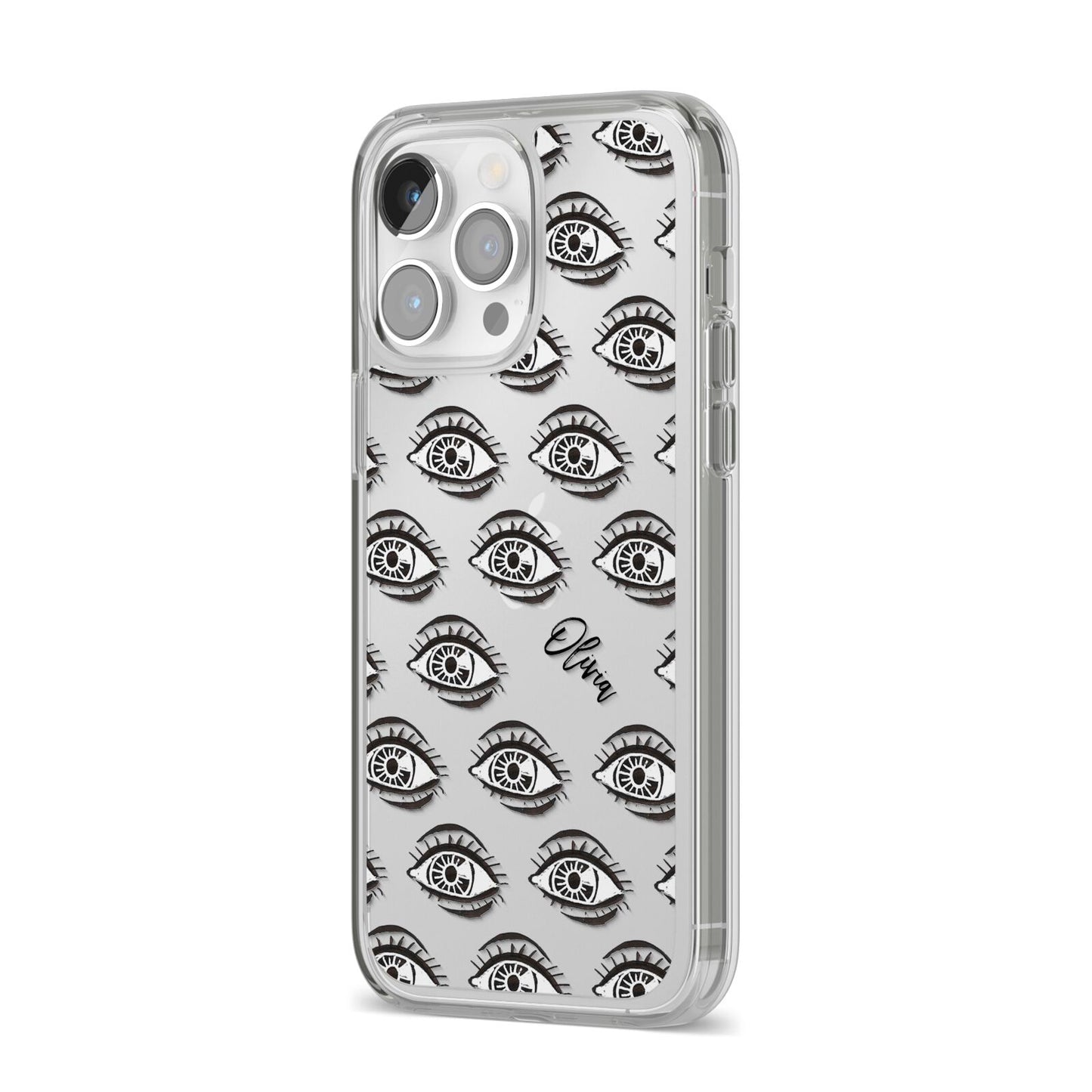 Eye Eye Personalised iPhone 14 Pro Max Clear Tough Case Silver Angled Image