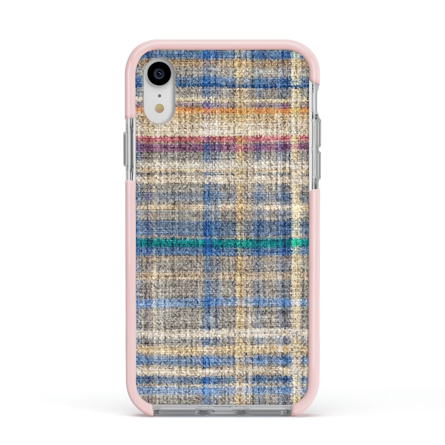 Fabric Plaid Apple iPhone XR Impact Case Pink Edge on Silver Phone