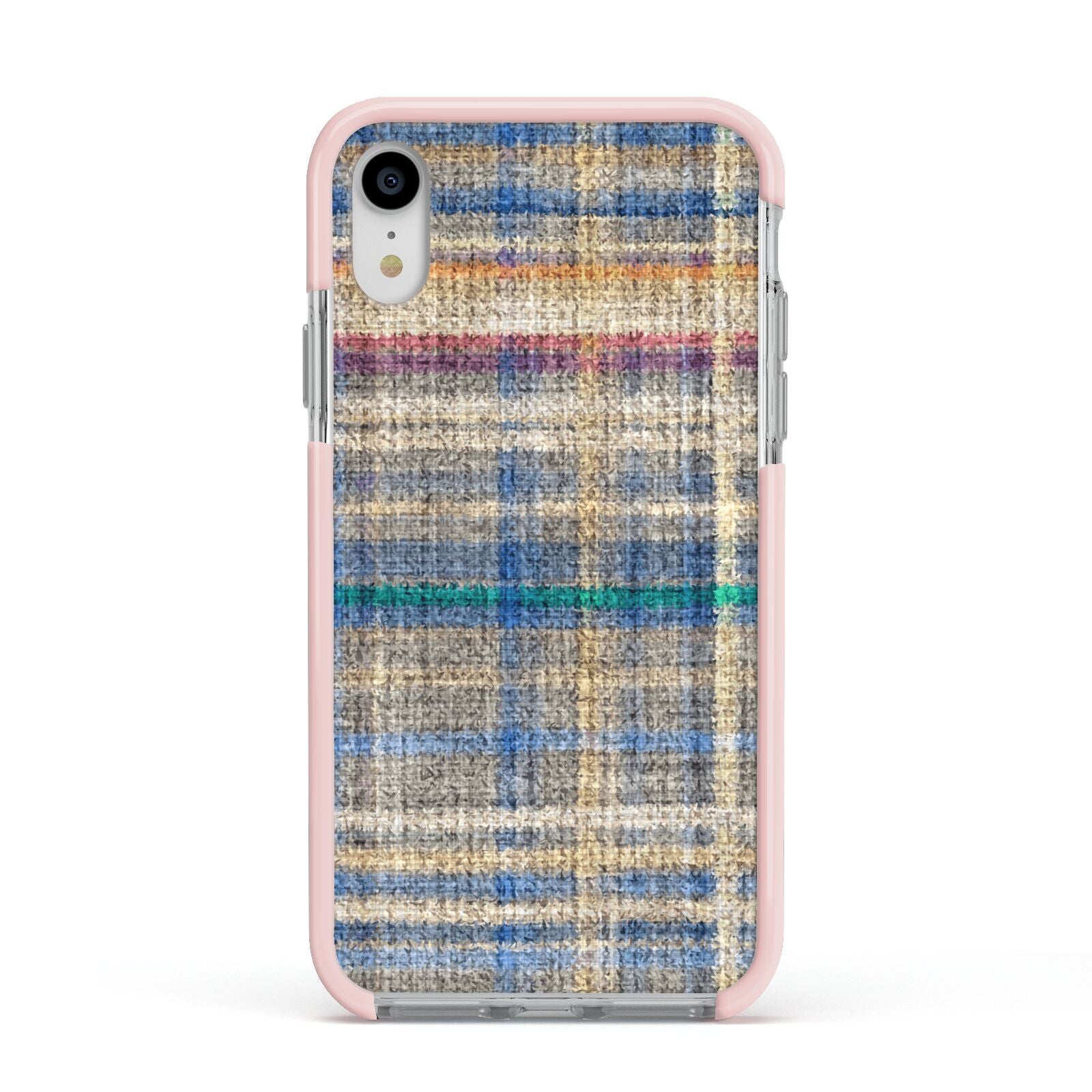 Fabric Plaid Apple iPhone XR Impact Case Pink Edge on Silver Phone