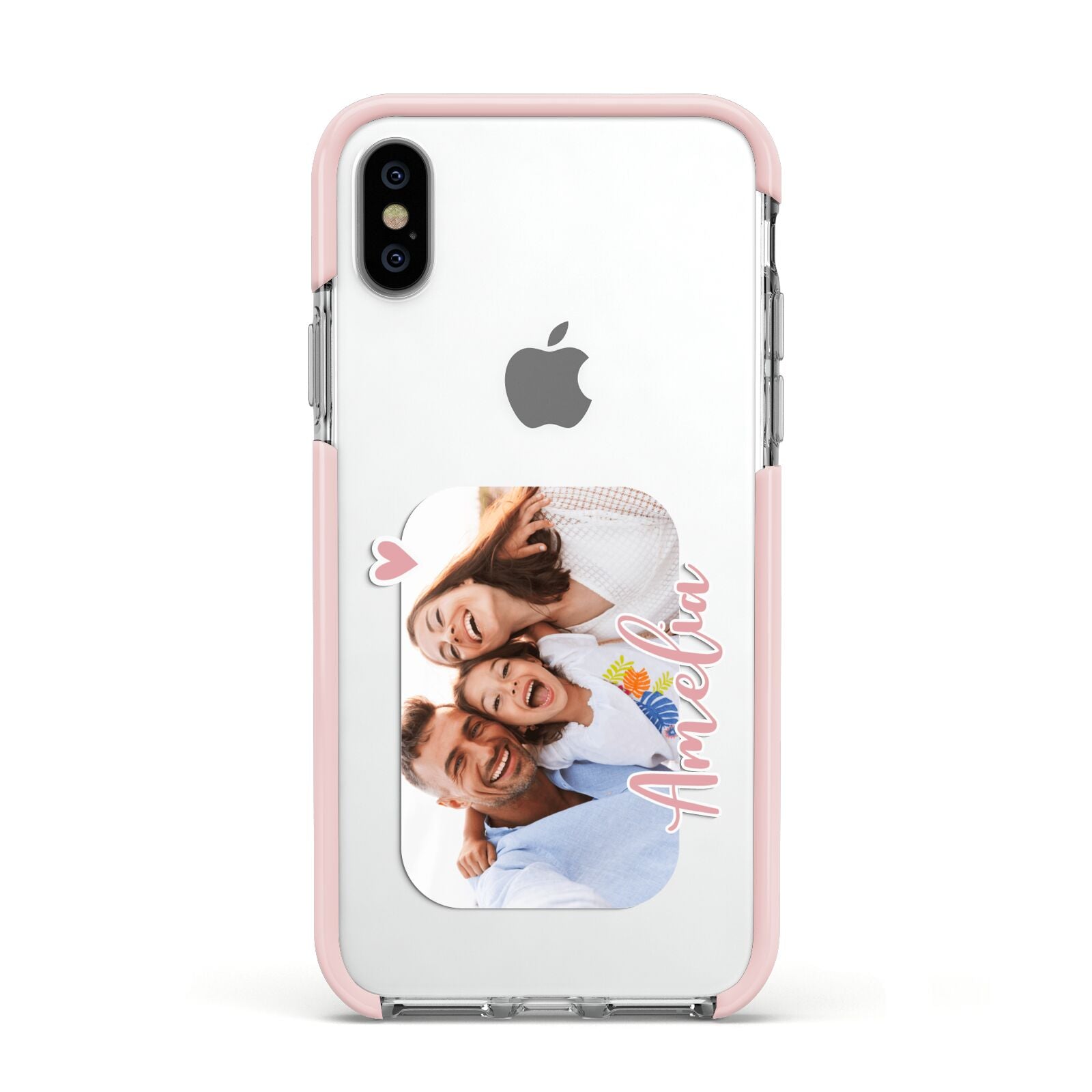 Family Photo Personalised Apple iPhone Xs Impact Case Pink Edge on Silver Phone