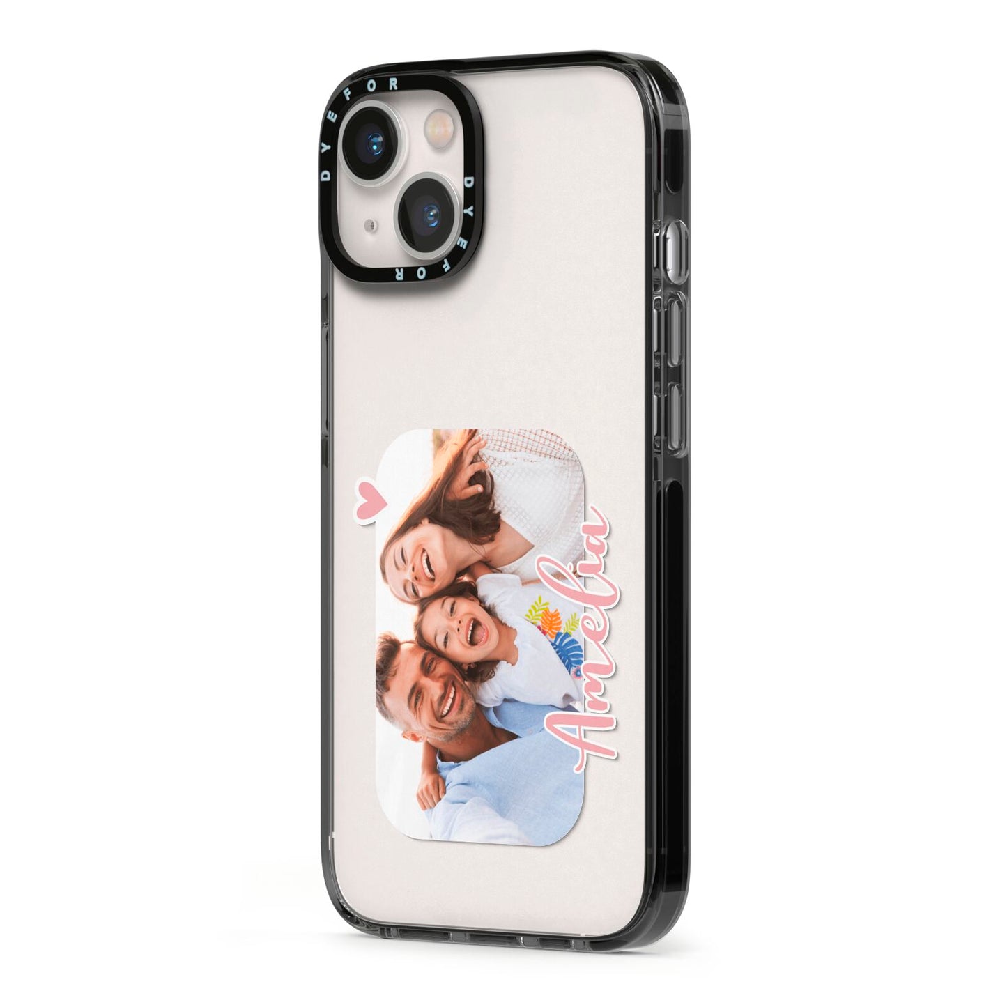 Family Photo Personalised iPhone 13 Black Impact Case Side Angle on Silver phone