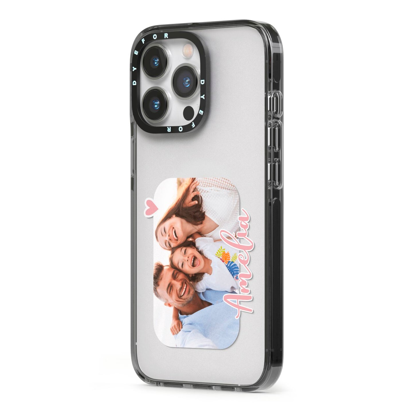 Family Photo Personalised iPhone 13 Pro Black Impact Case Side Angle on Silver phone
