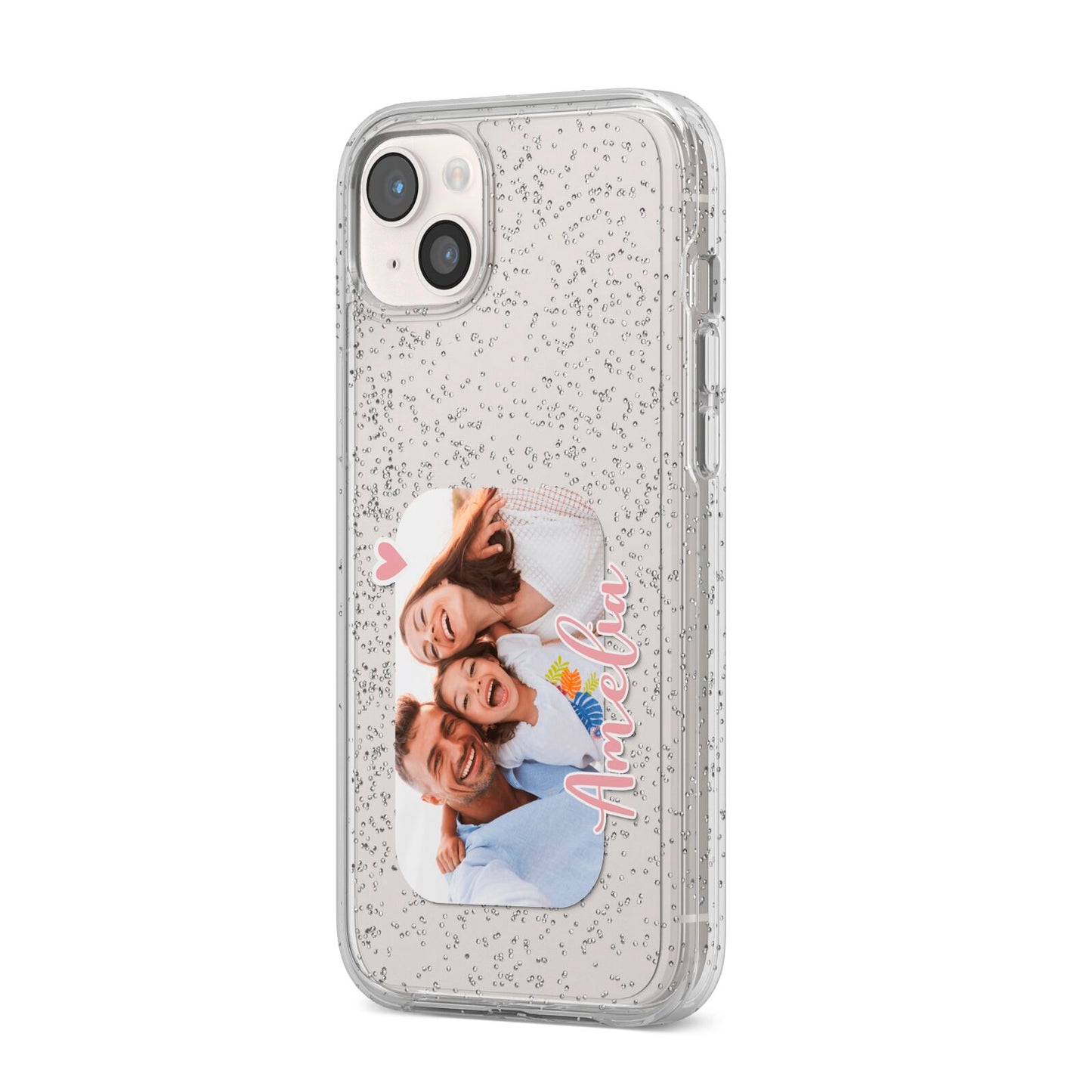 Family Photo Personalised iPhone 14 Plus Glitter Tough Case Starlight Angled Image