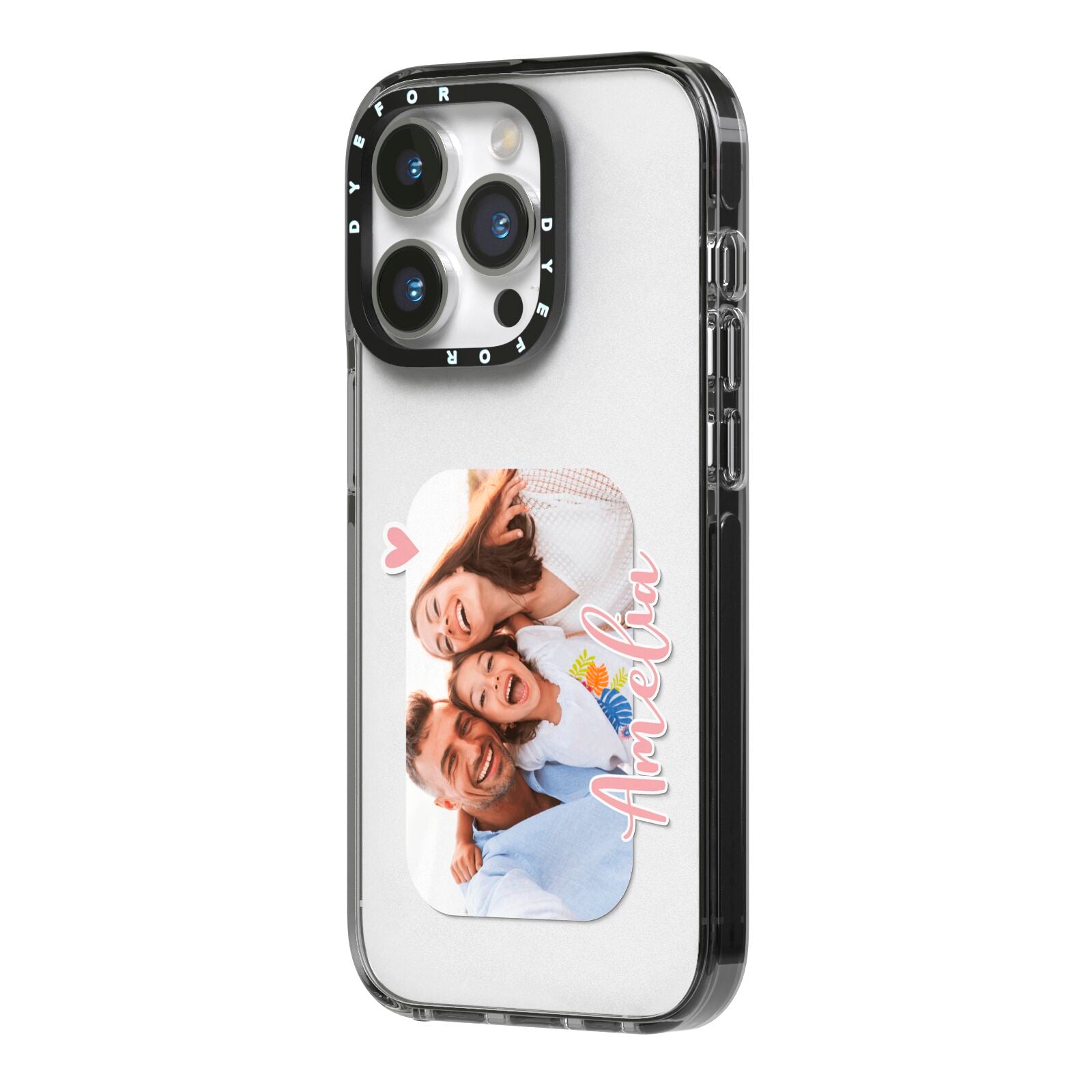 Family Photo Personalised iPhone 14 Pro Black Impact Case Side Angle on Silver phone