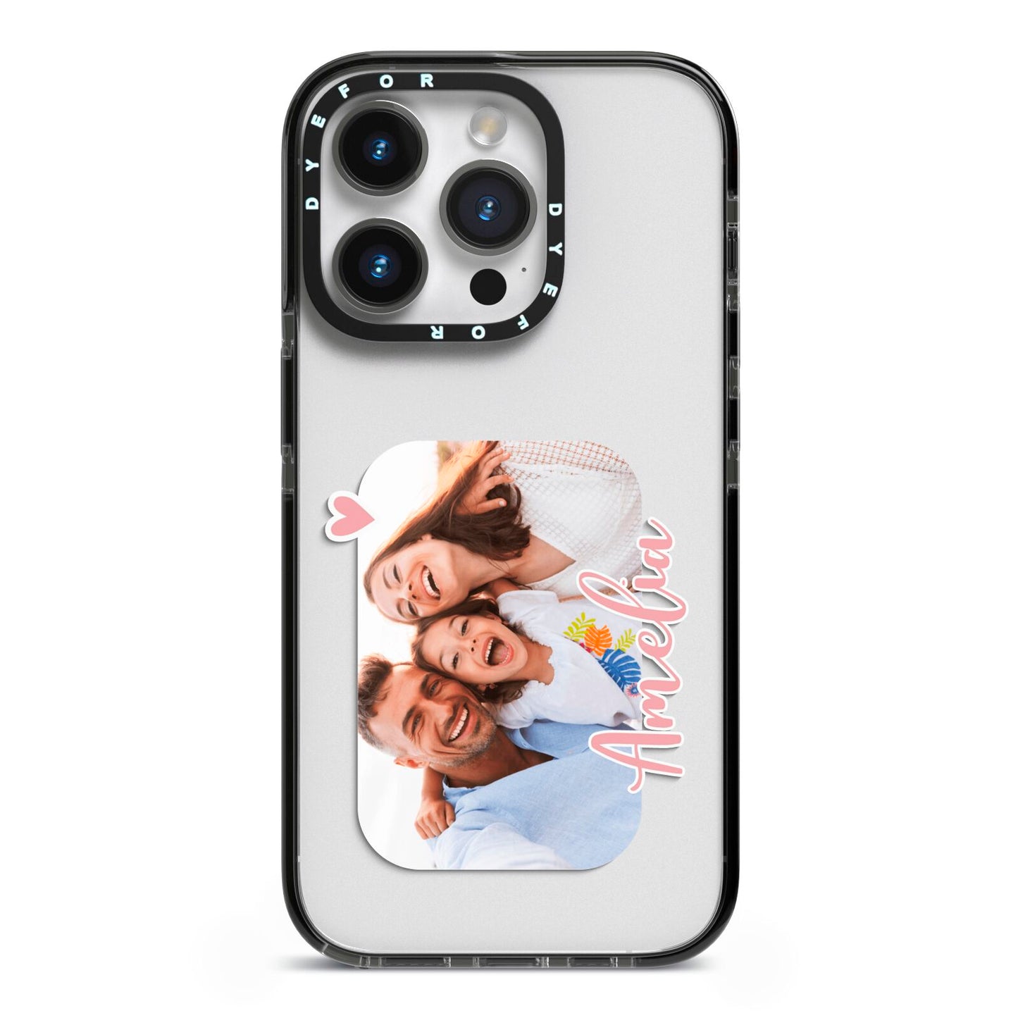 Family Photo Personalised iPhone 14 Pro Black Impact Case on Silver phone