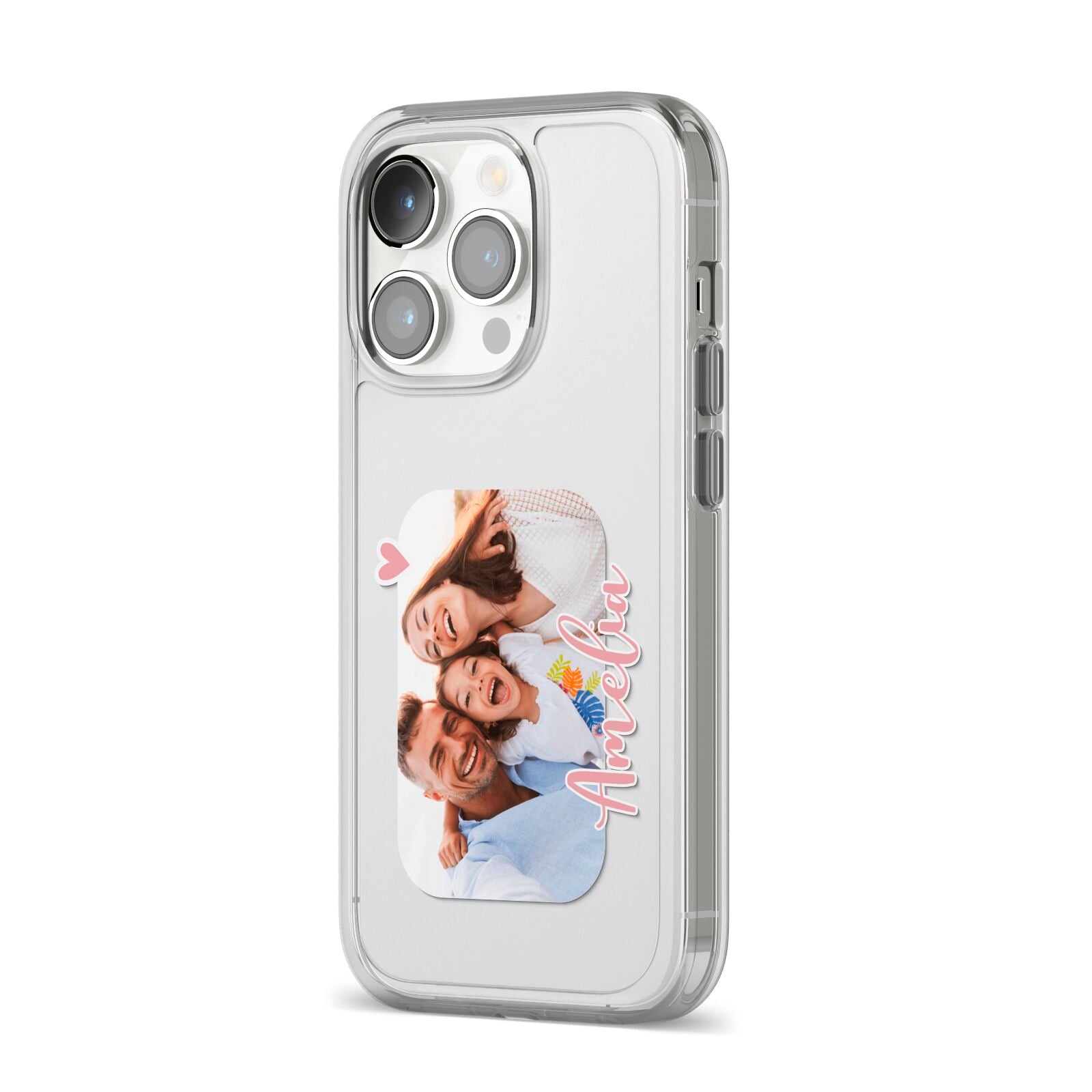 Family Photo Personalised iPhone 14 Pro Clear Tough Case Silver Angled Image