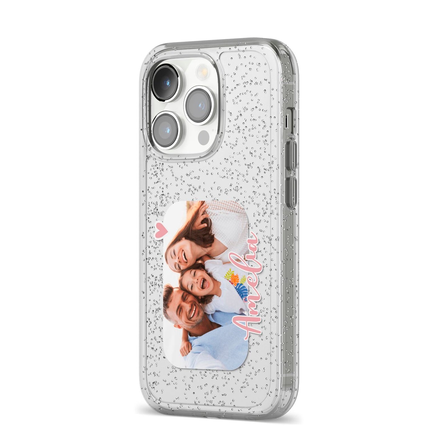 Family Photo Personalised iPhone 14 Pro Glitter Tough Case Silver Angled Image
