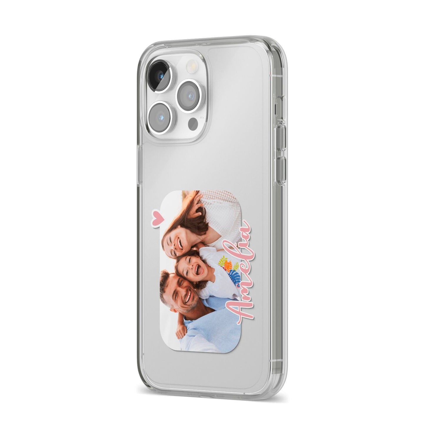 Family Photo Personalised iPhone 14 Pro Max Clear Tough Case Silver Angled Image