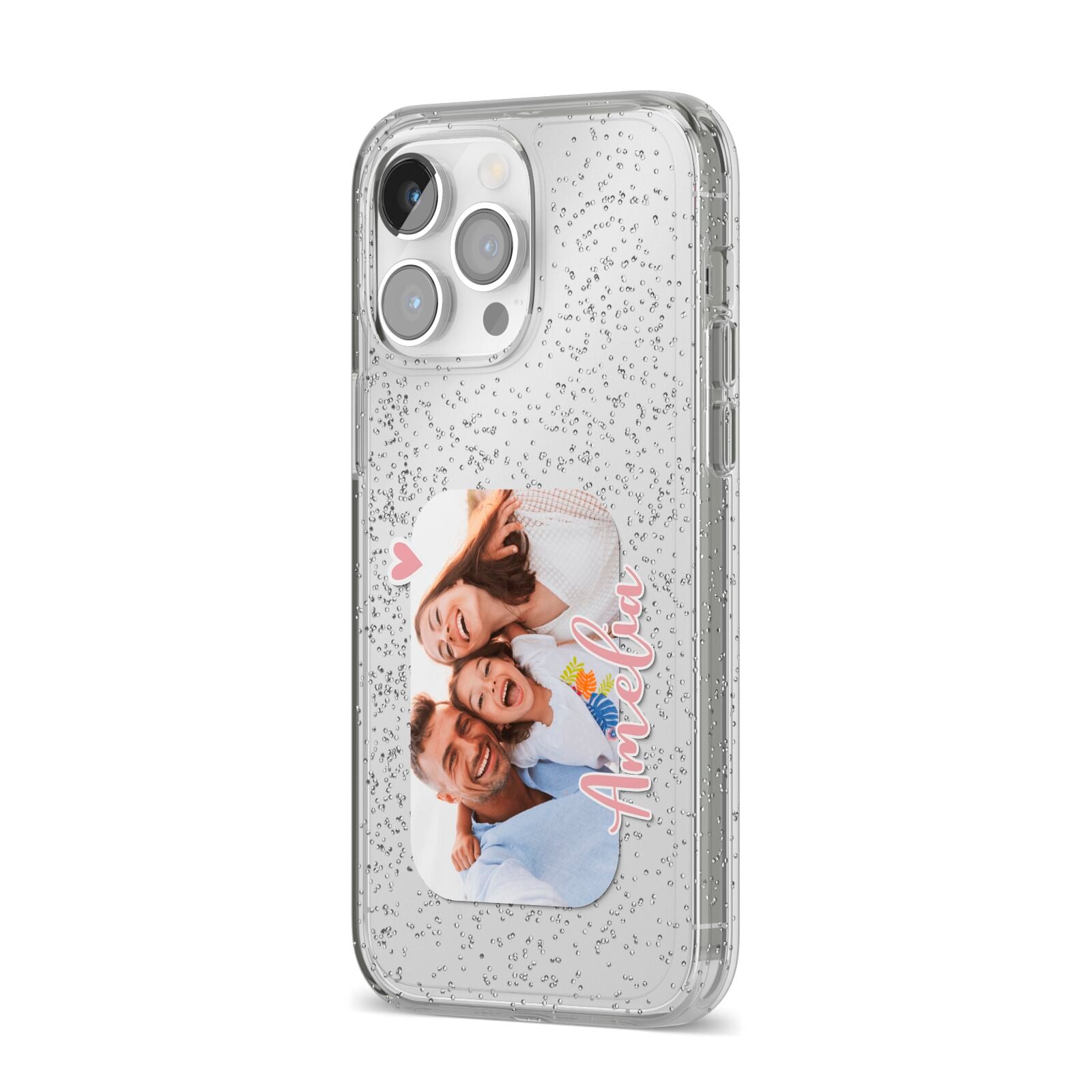 Family Photo Personalised iPhone 14 Pro Max Glitter Tough Case Silver Angled Image