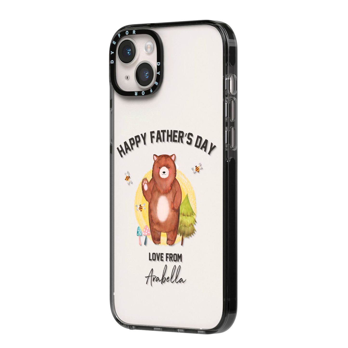 Fathers Day Bear iPhone 14 Plus Black Impact Case Side Angle on Silver phone