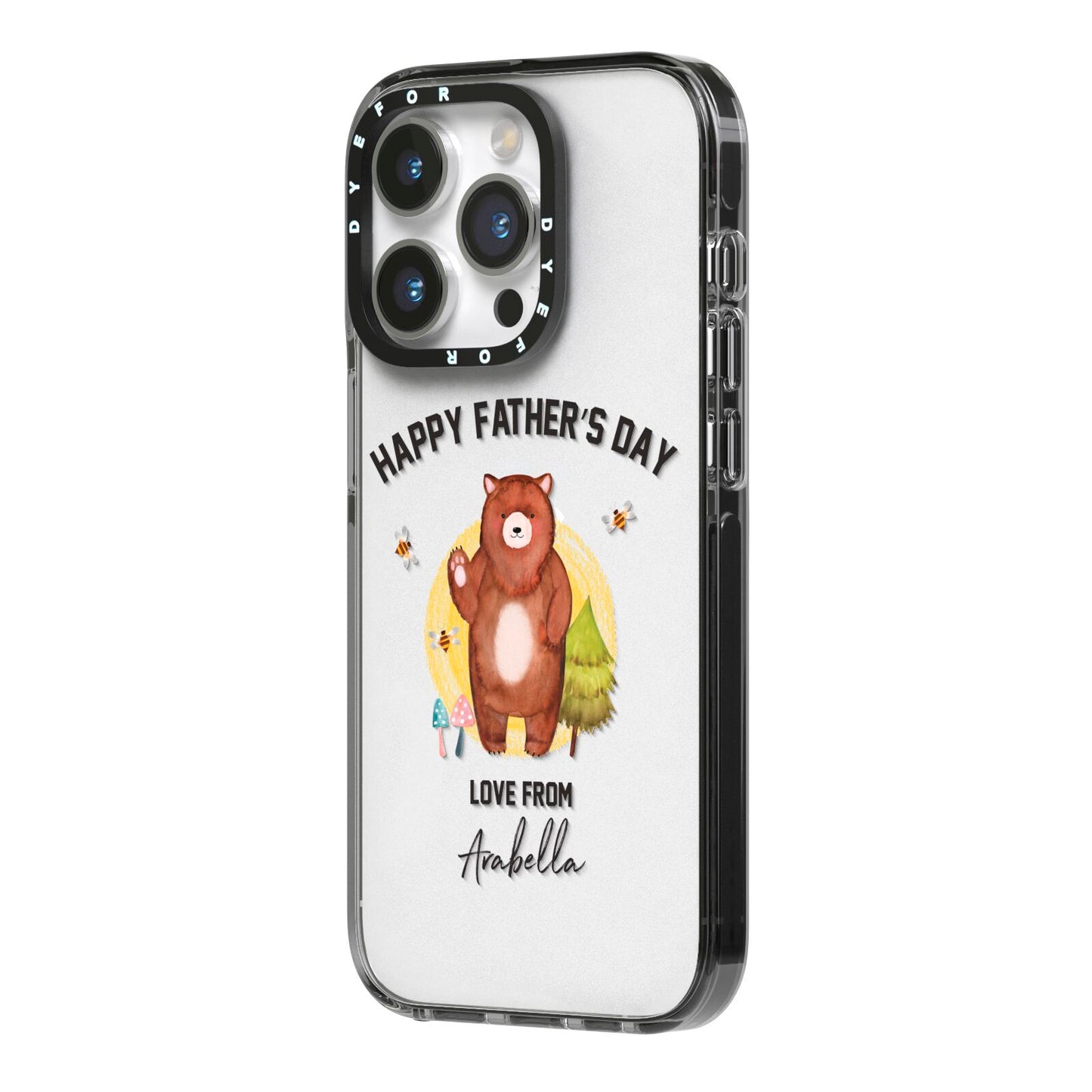 Fathers Day Bear iPhone 14 Pro Black Impact Case Side Angle on Silver phone