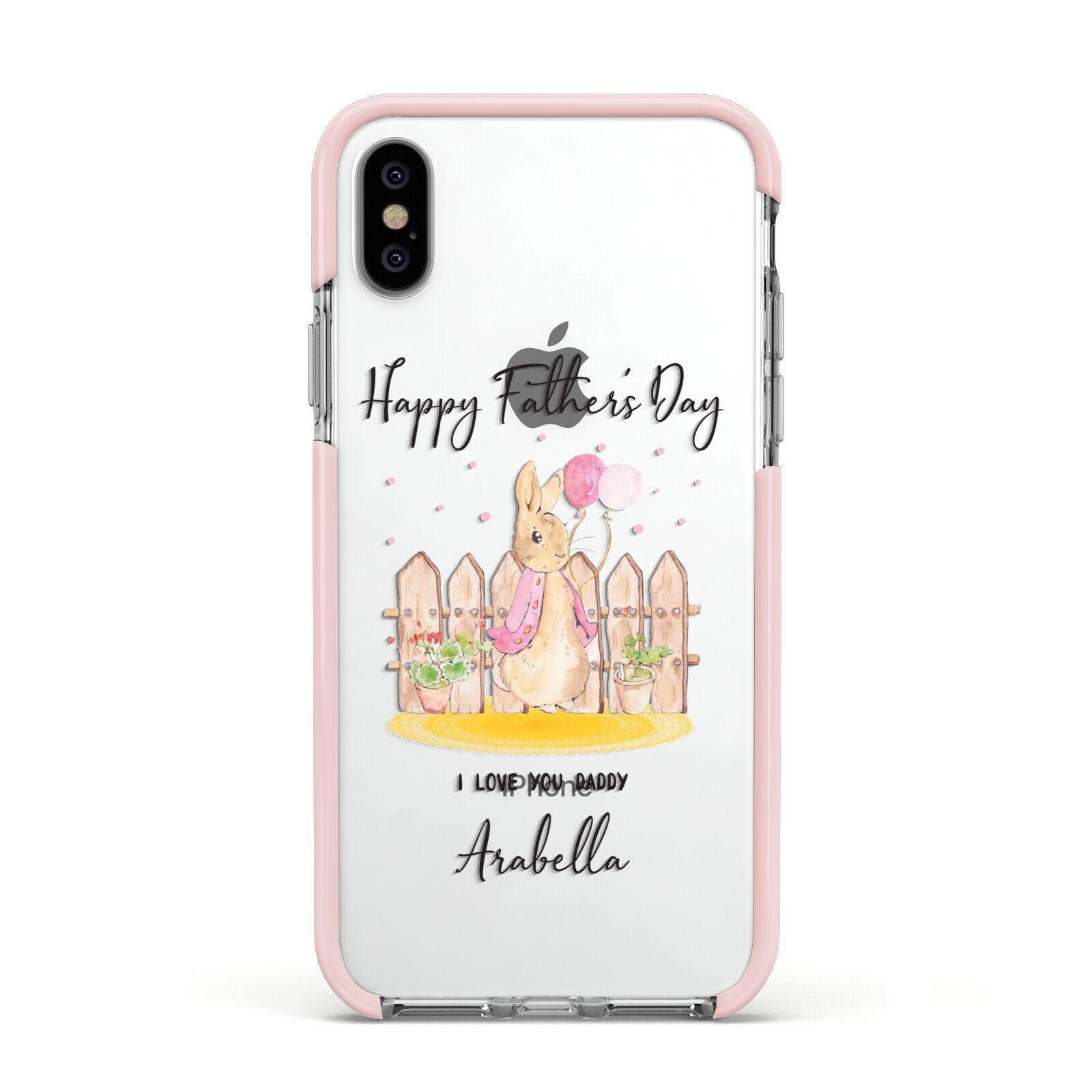 Fathers Day Girl Rabbit Apple iPhone Xs Impact Case Pink Edge on Silver Phone