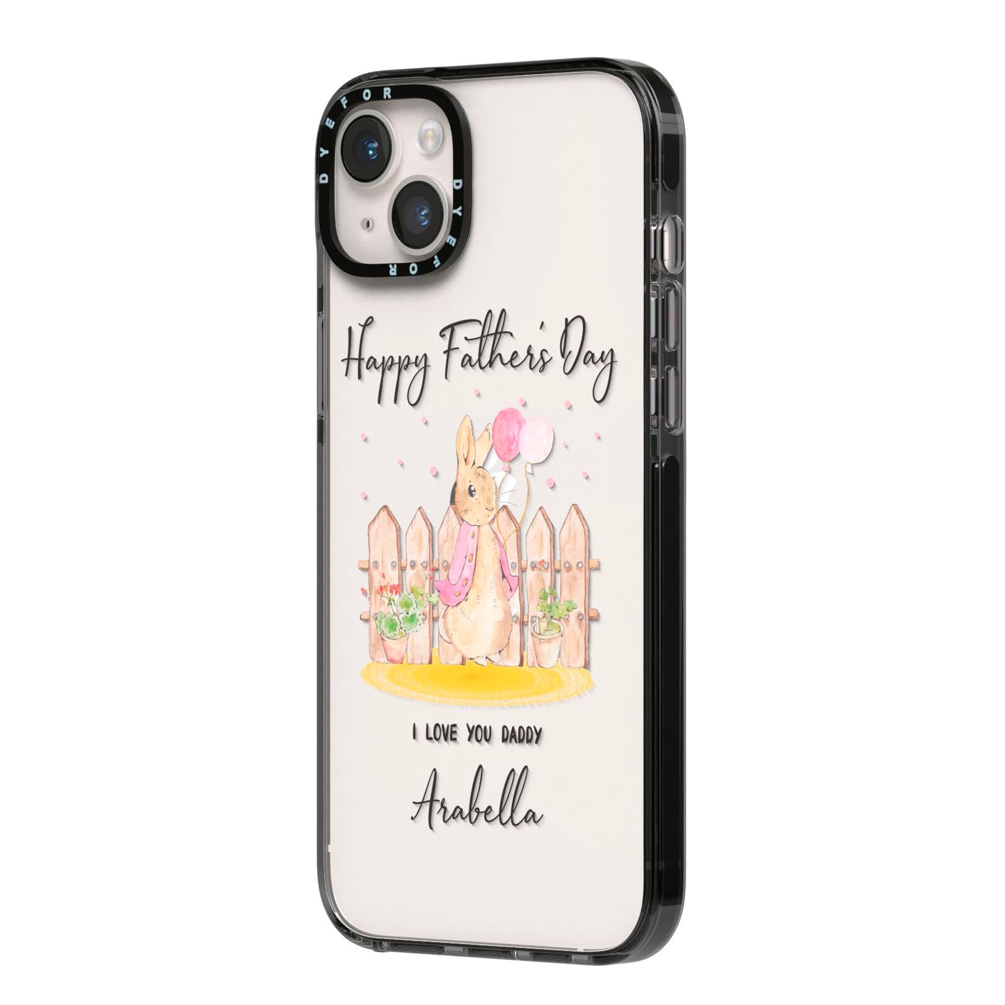 Fathers Day Girl Rabbit iPhone 14 Plus Black Impact Case Side Angle on Silver phone