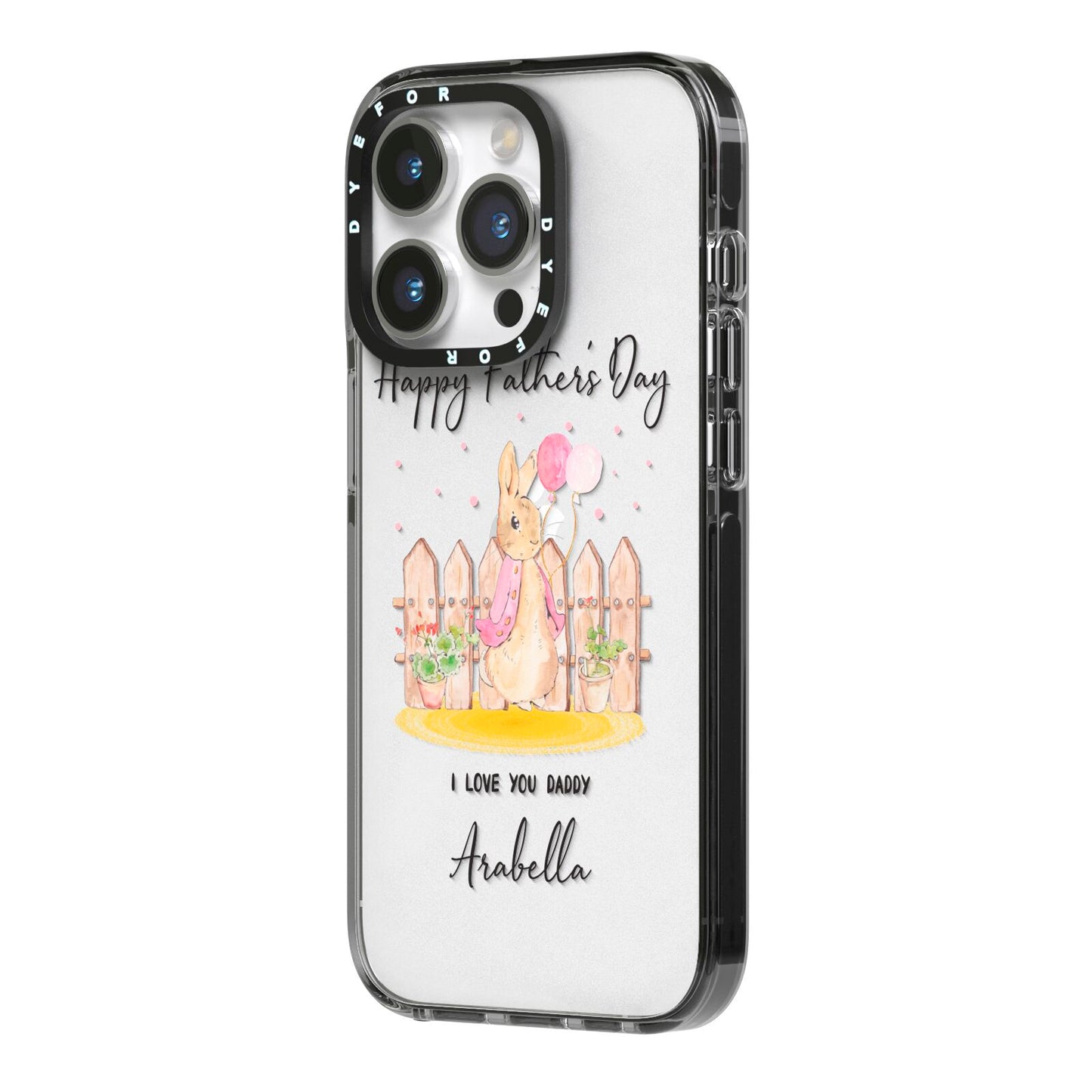 Fathers Day Girl Rabbit iPhone 14 Pro Black Impact Case Side Angle on Silver phone