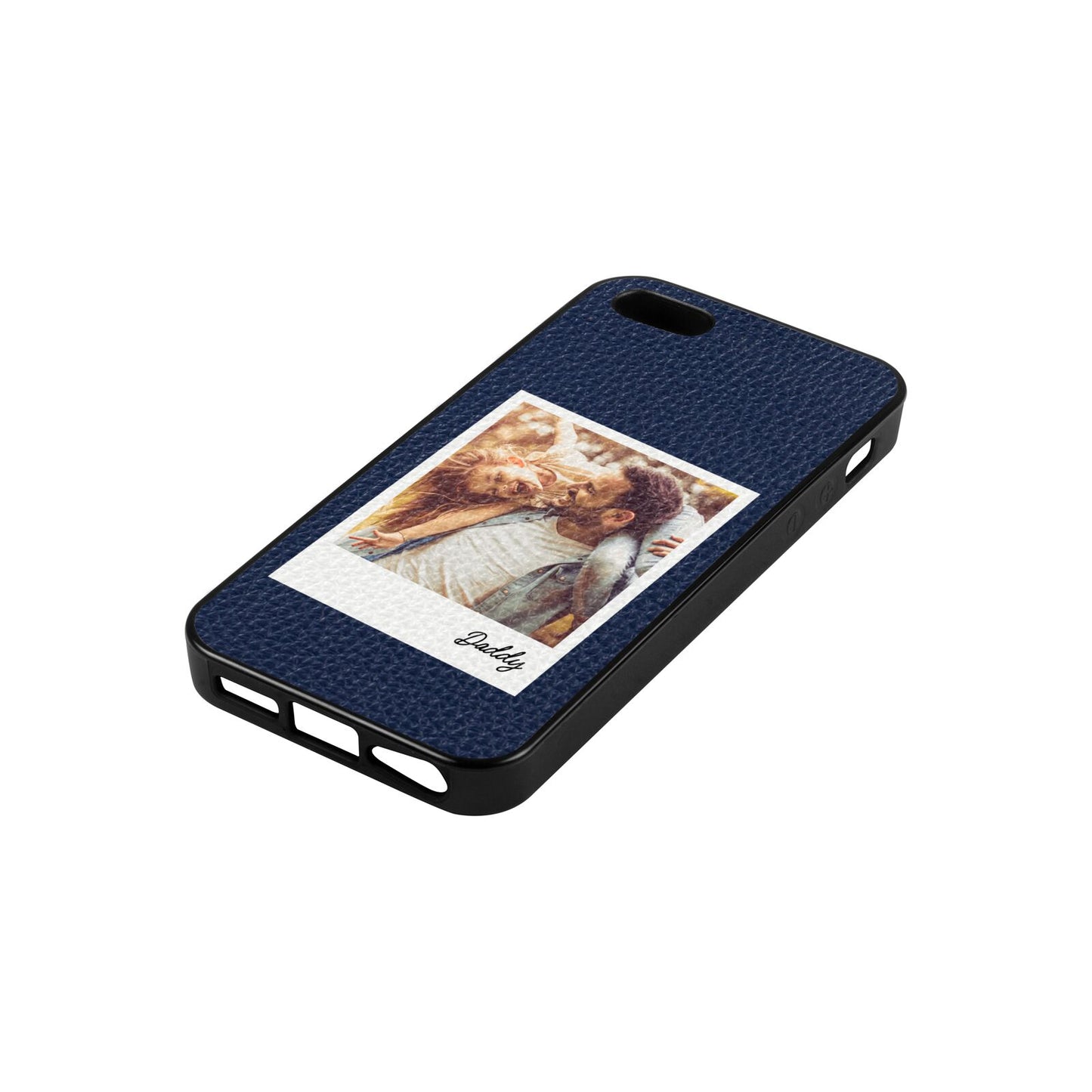 Fathers Day Photo Navy Blue Pebble Leather iPhone 5 Case Side Angle
