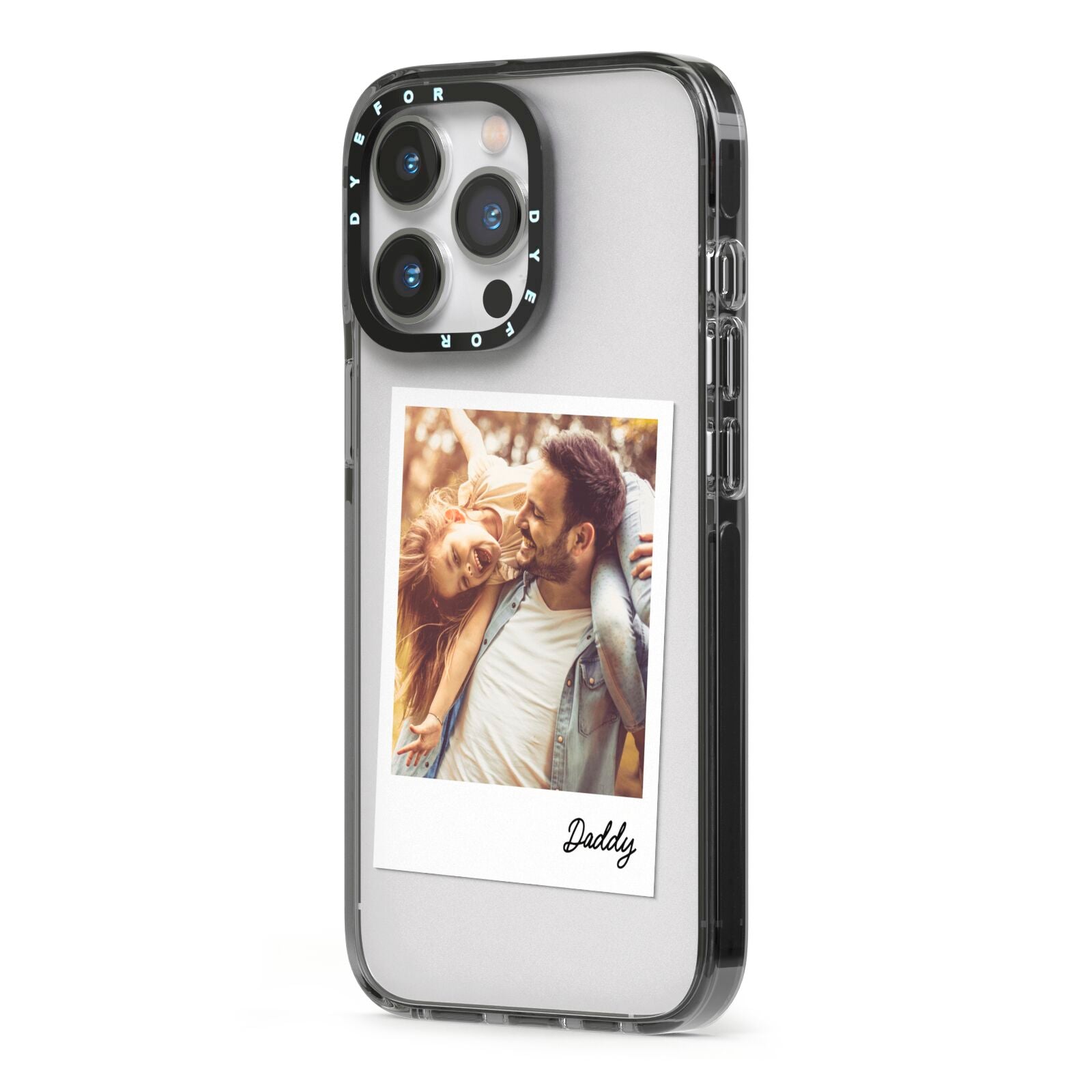 Fathers Day Photo iPhone 13 Pro Black Impact Case Side Angle on Silver phone
