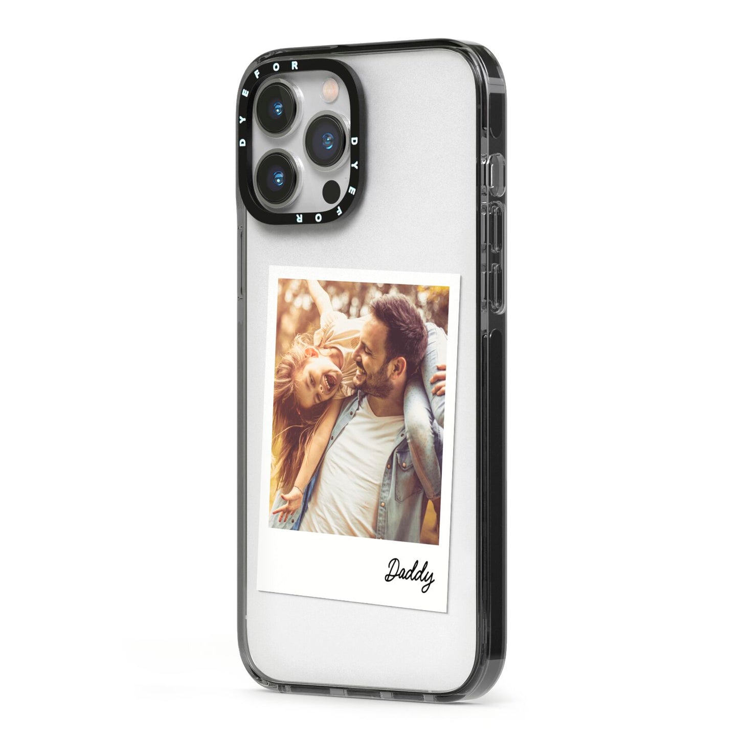 Fathers Day Photo iPhone 13 Pro Max Black Impact Case Side Angle on Silver phone