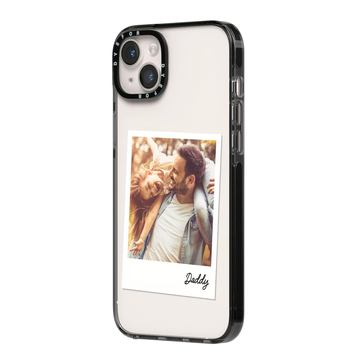 Fathers Day Photo iPhone 14 Plus Black Impact Case Side Angle on Silver phone