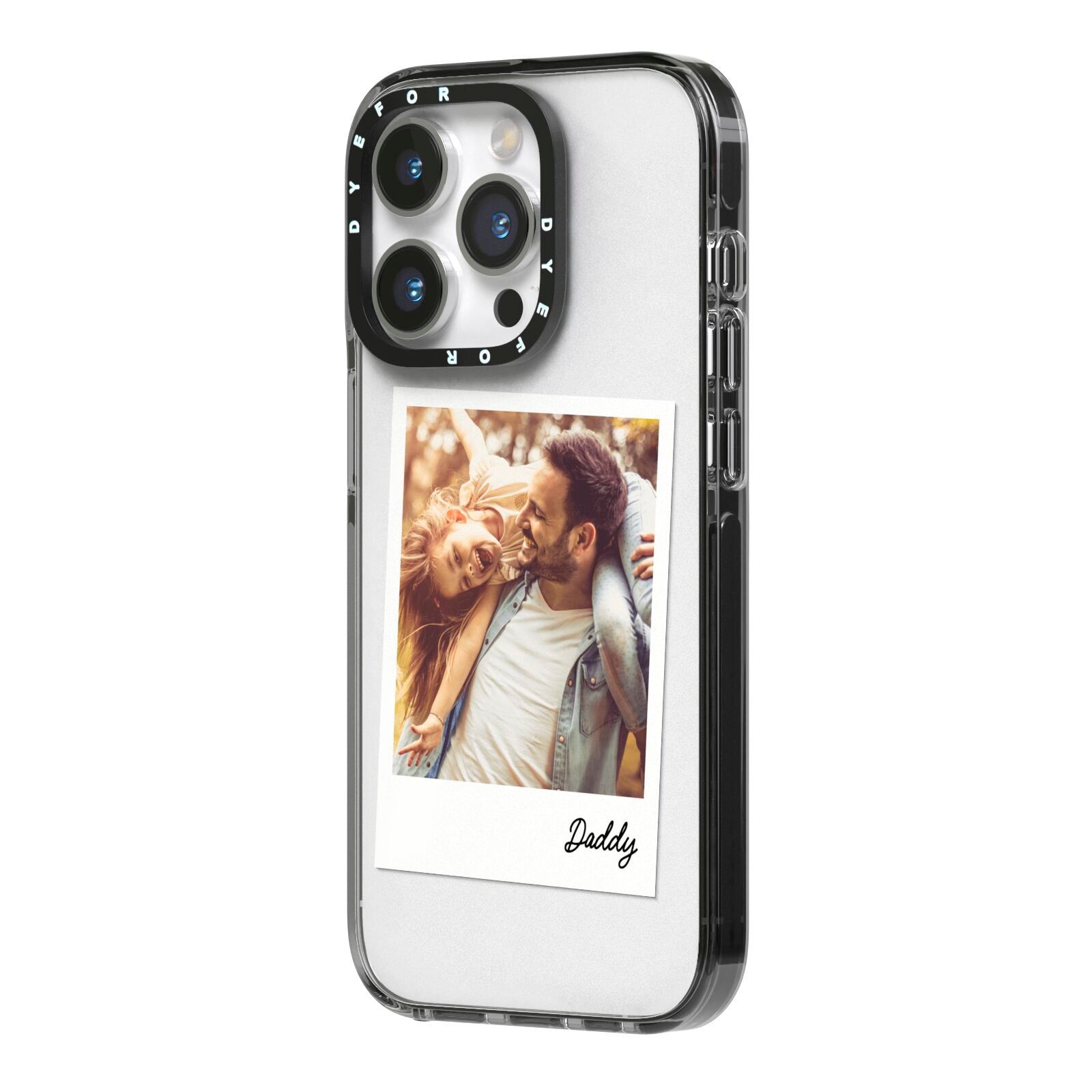 Fathers Day Photo iPhone 14 Pro Black Impact Case Side Angle on Silver phone