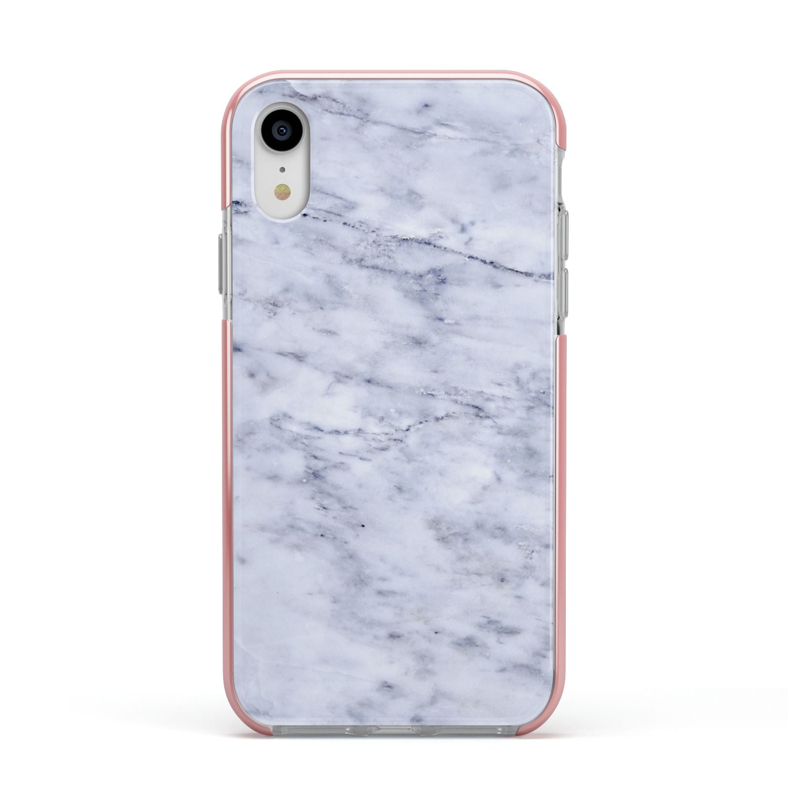 Faux Carrara Marble Print Apple iPhone XR Impact Case Pink Edge on Silver Phone