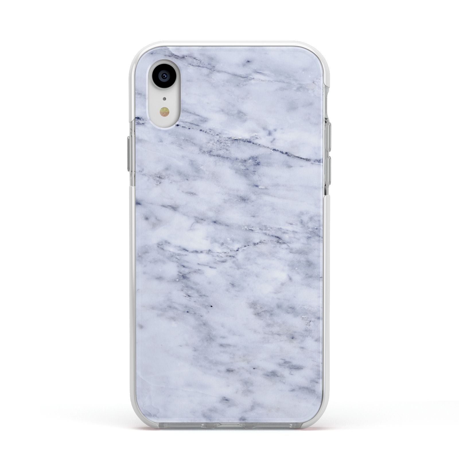 Faux Carrara Marble Print Apple iPhone XR Impact Case White Edge on Silver Phone