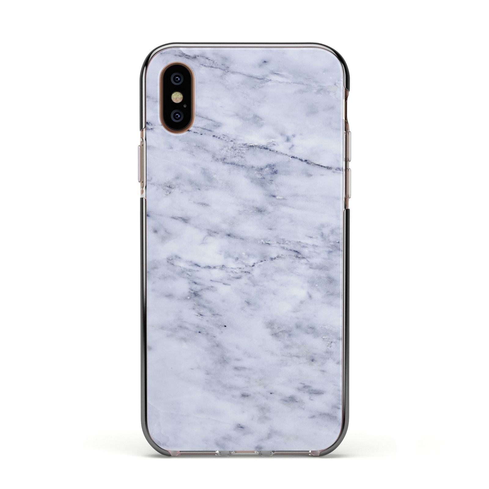 Faux Carrara Marble Print Apple iPhone Xs Impact Case Black Edge on Gold Phone