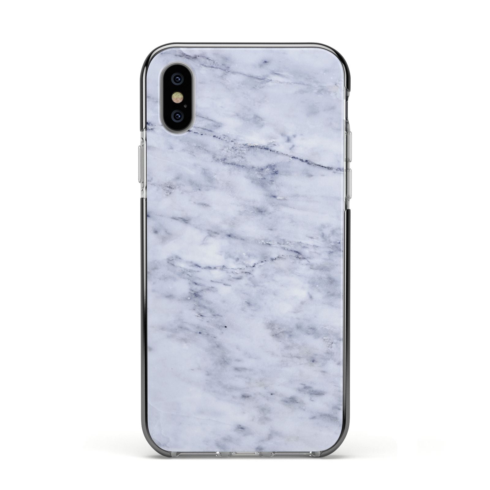 Faux Carrara Marble Print Apple iPhone Xs Impact Case Black Edge on Silver Phone