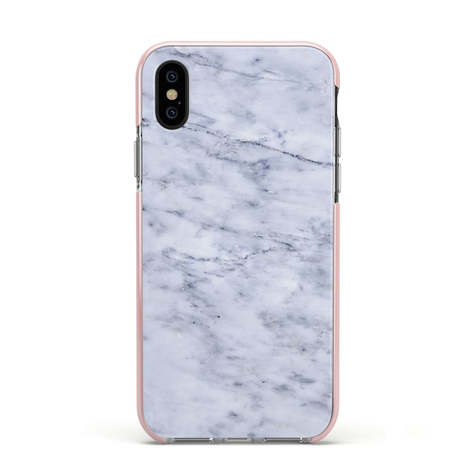 Faux Carrara Marble Print Apple iPhone Xs Impact Case Pink Edge on Black Phone