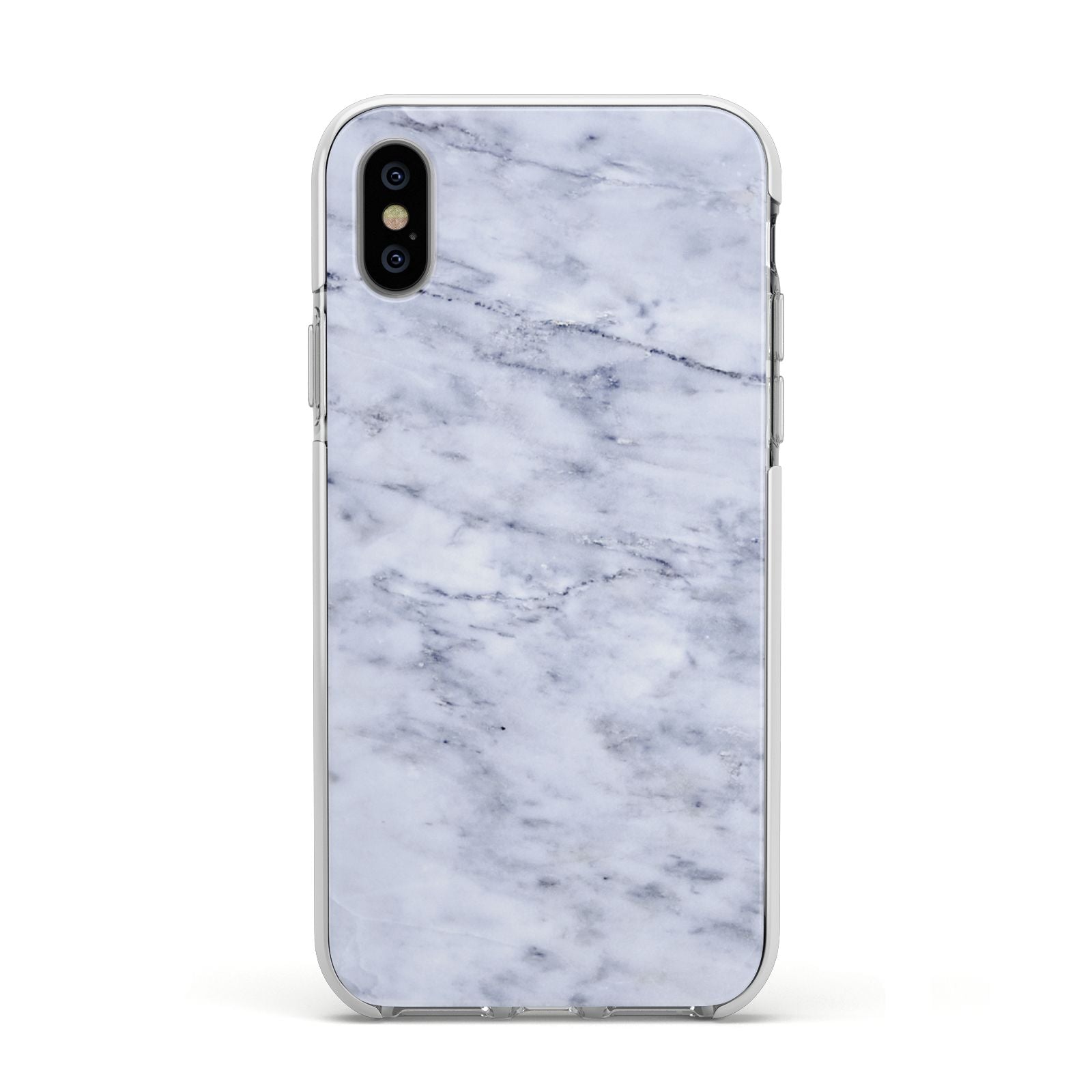 Faux Carrara Marble Print Apple iPhone Xs Impact Case White Edge on Silver Phone