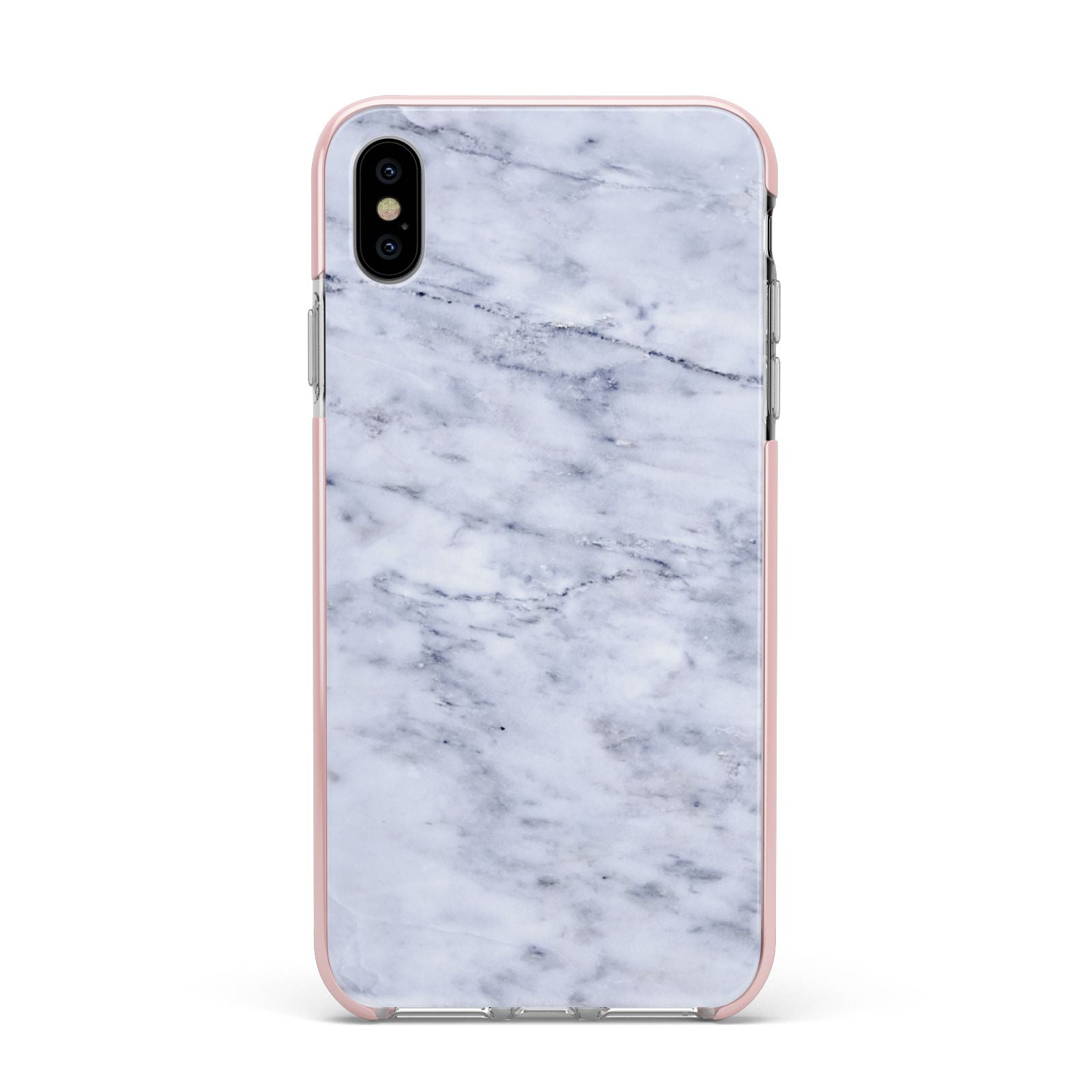 Faux Carrara Marble Print Apple iPhone Xs Max Impact Case Pink Edge on Silver Phone