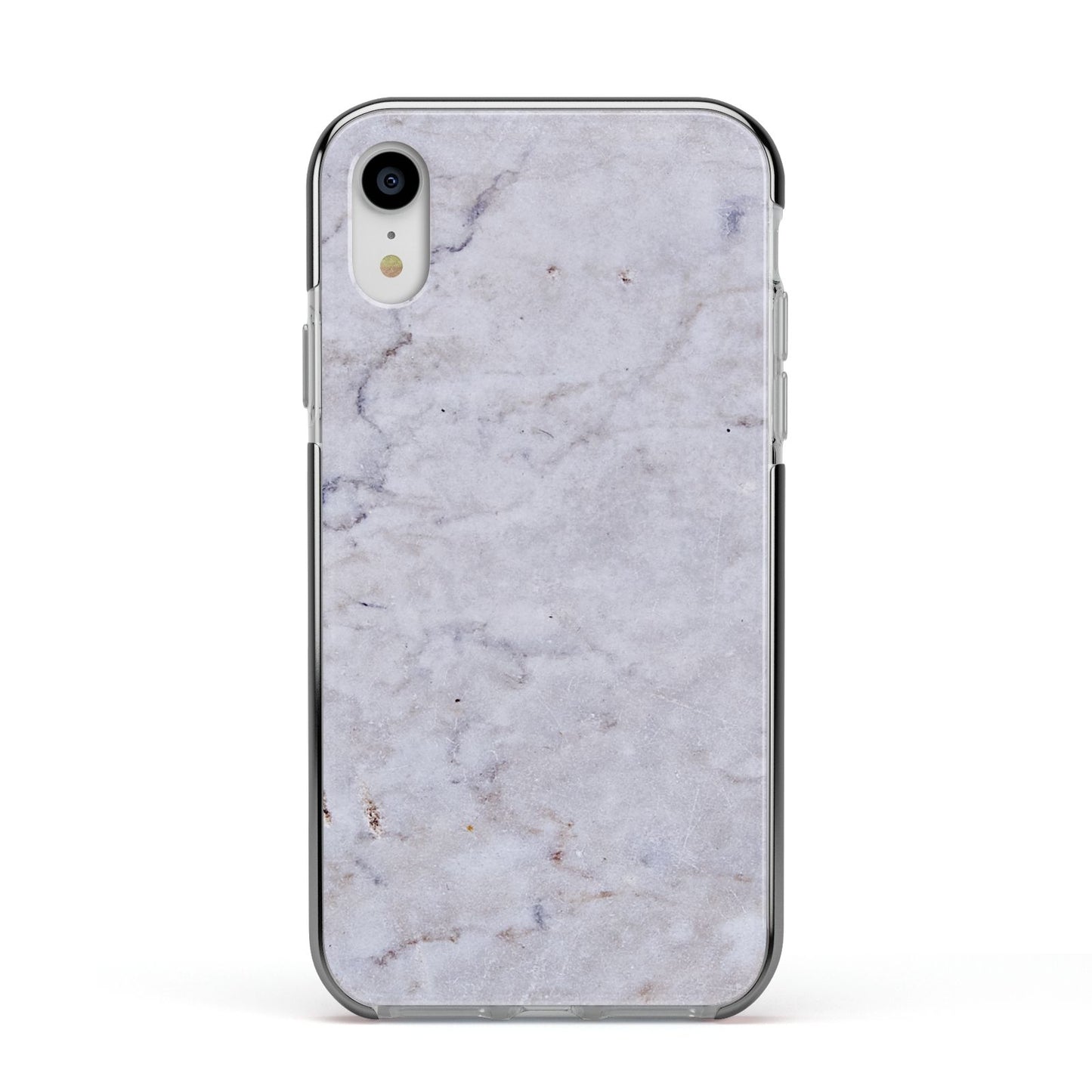 Faux Carrara Marble Print Grey Apple iPhone XR Impact Case Black Edge on Silver Phone