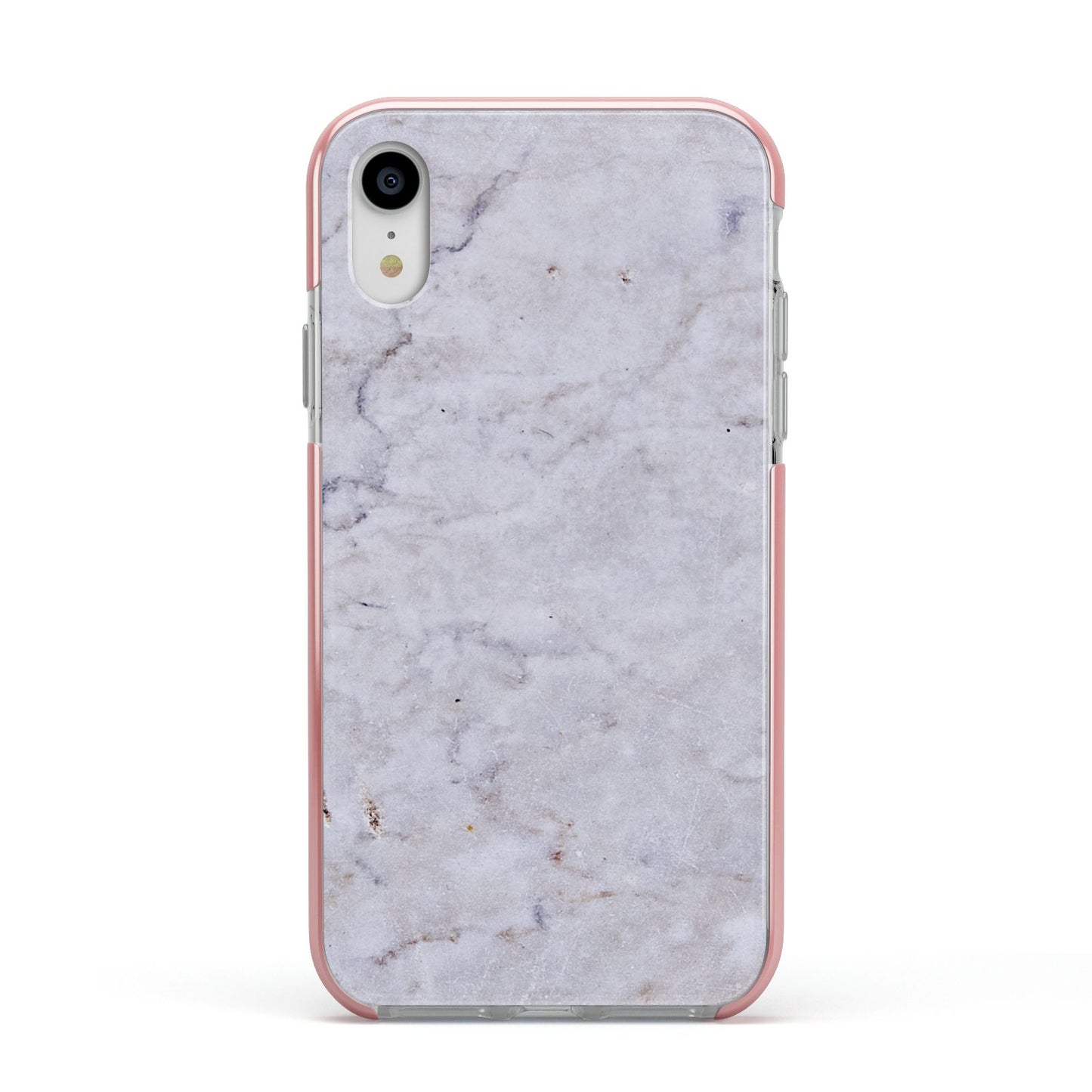 Faux Carrara Marble Print Grey Apple iPhone XR Impact Case Pink Edge on Silver Phone