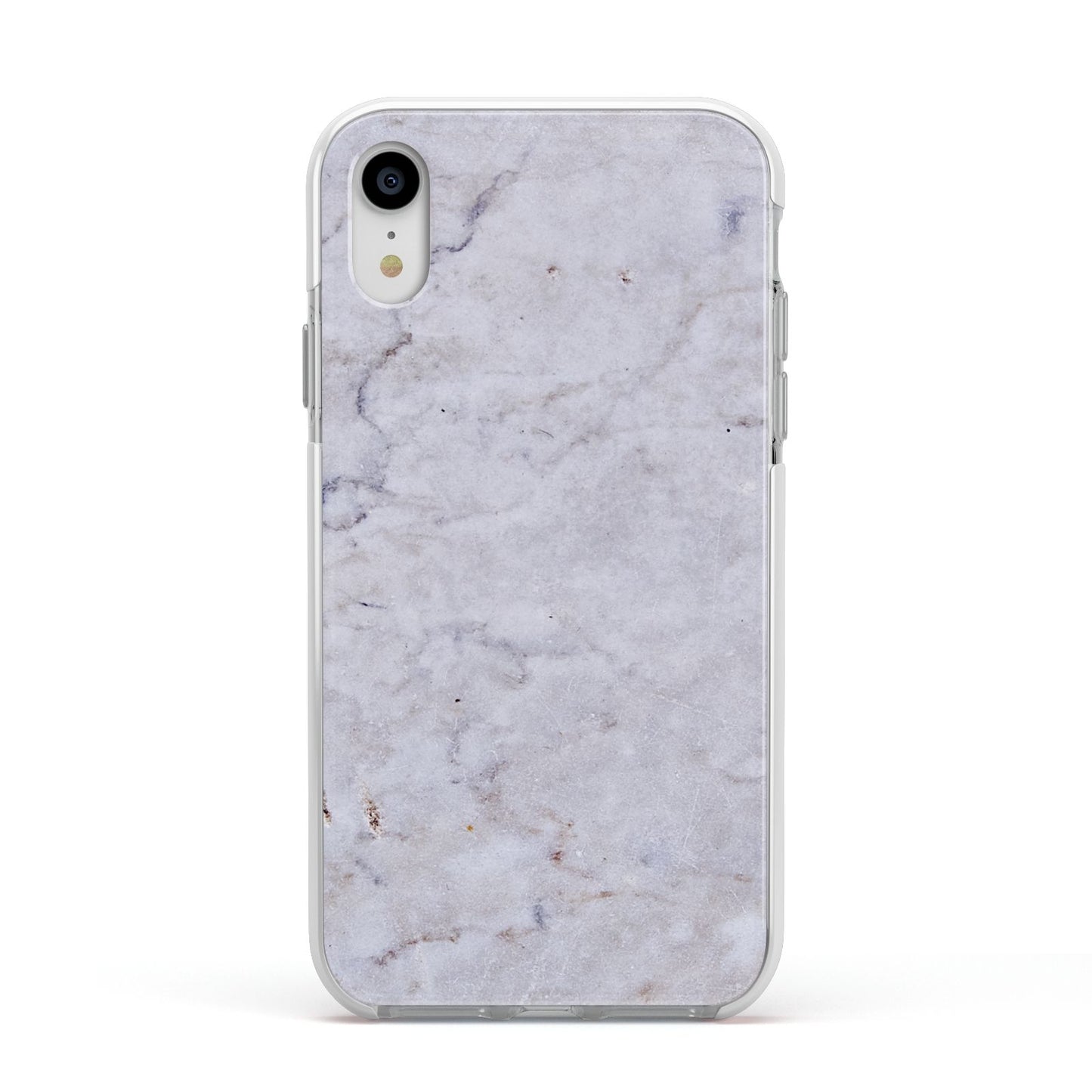 Faux Carrara Marble Print Grey Apple iPhone XR Impact Case White Edge on Silver Phone