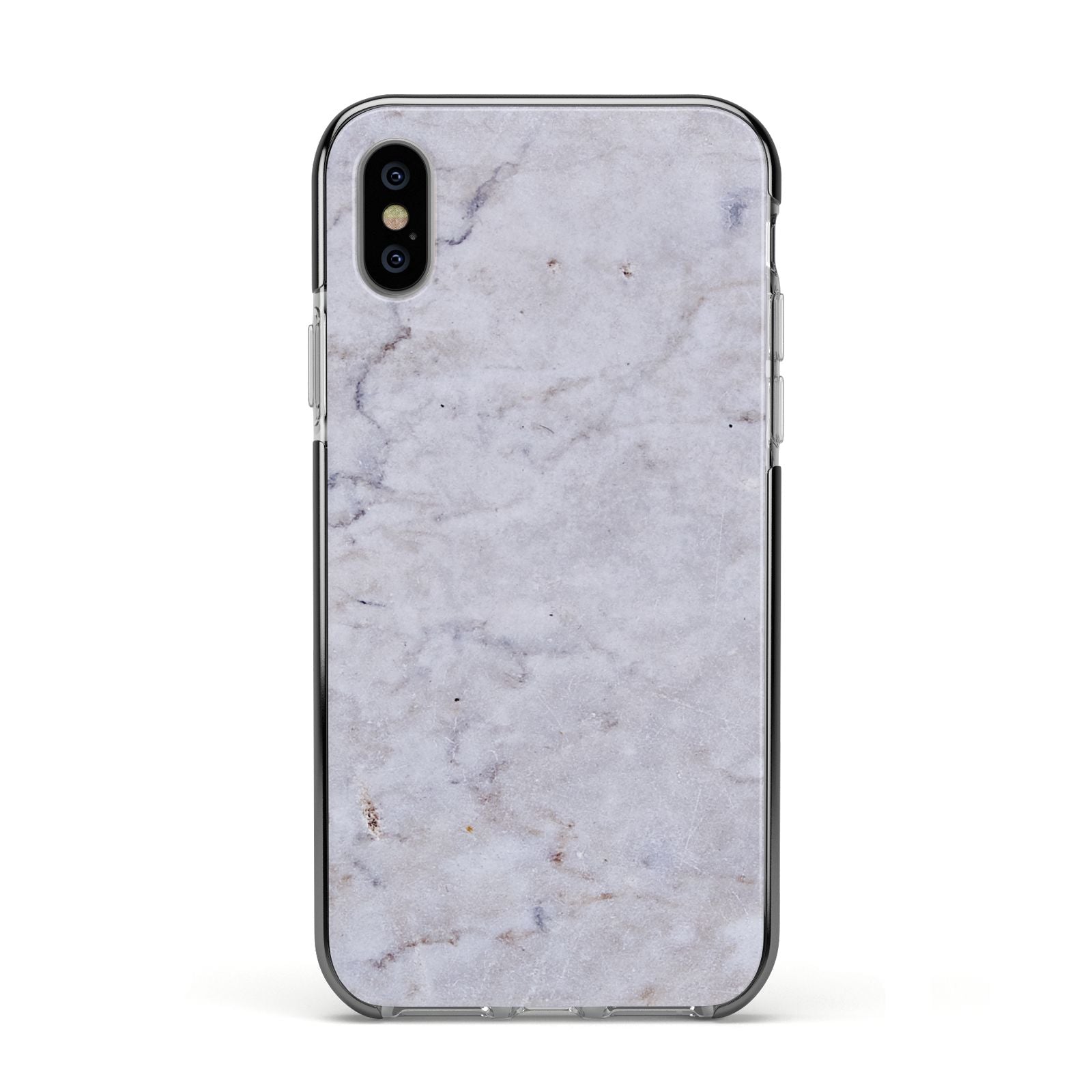 Faux Carrara Marble Print Grey Apple iPhone Xs Impact Case Black Edge on Silver Phone
