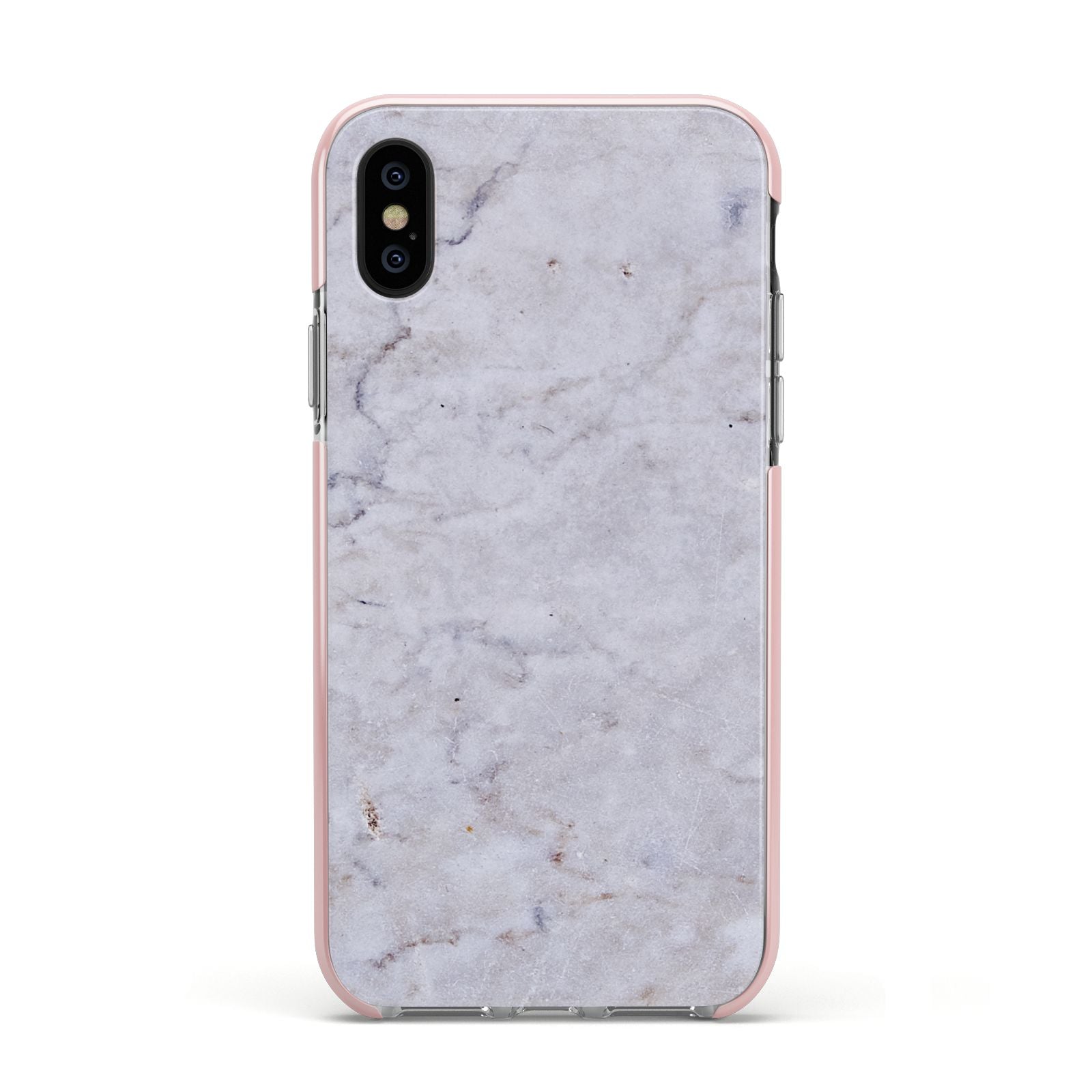 Faux Carrara Marble Print Grey Apple iPhone Xs Impact Case Pink Edge on Black Phone