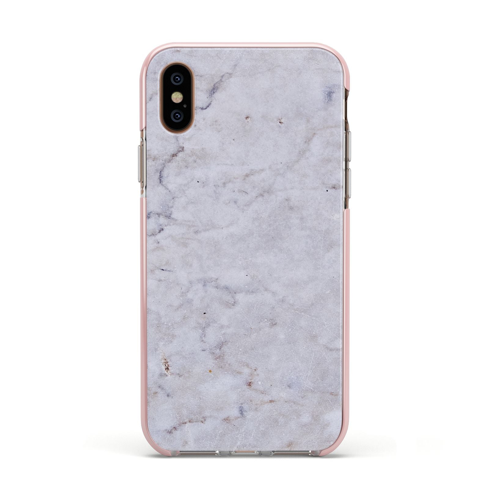 Faux Carrara Marble Print Grey Apple iPhone Xs Impact Case Pink Edge on Gold Phone