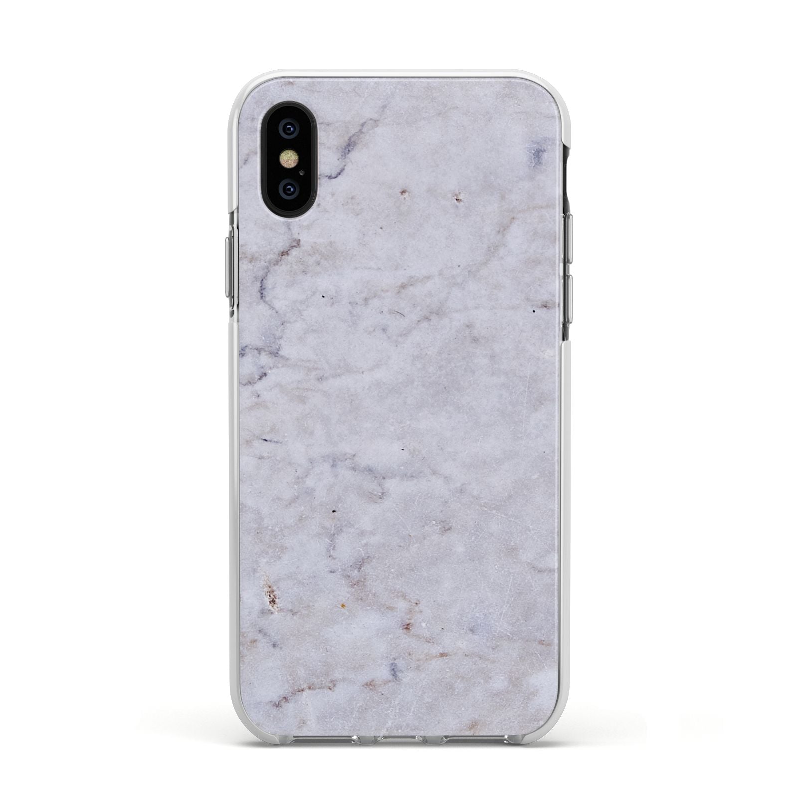 Faux Carrara Marble Print Grey Apple iPhone Xs Impact Case White Edge on Black Phone