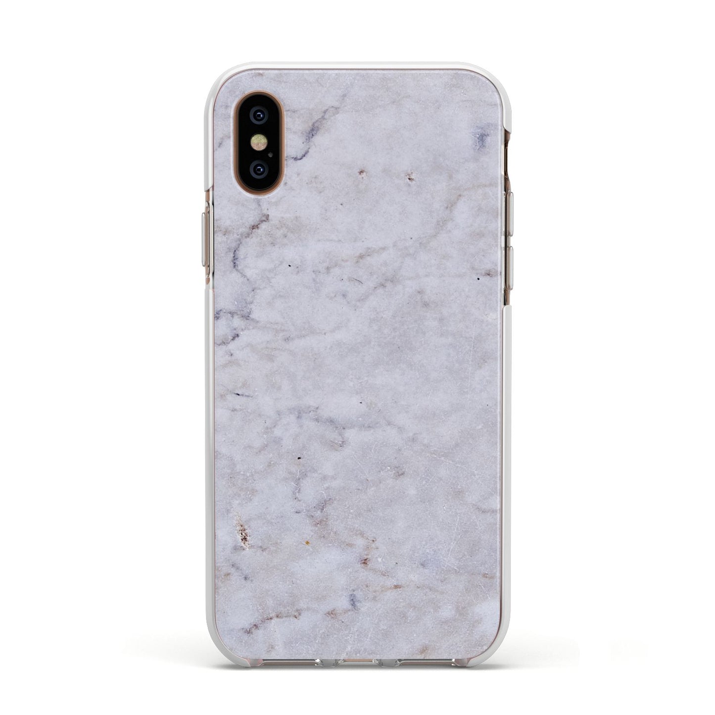 Faux Carrara Marble Print Grey Apple iPhone Xs Impact Case White Edge on Gold Phone