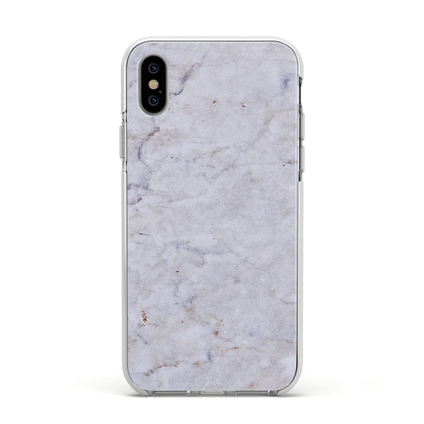 Faux Carrara Marble Print Grey Apple iPhone Xs Impact Case White Edge on Silver Phone