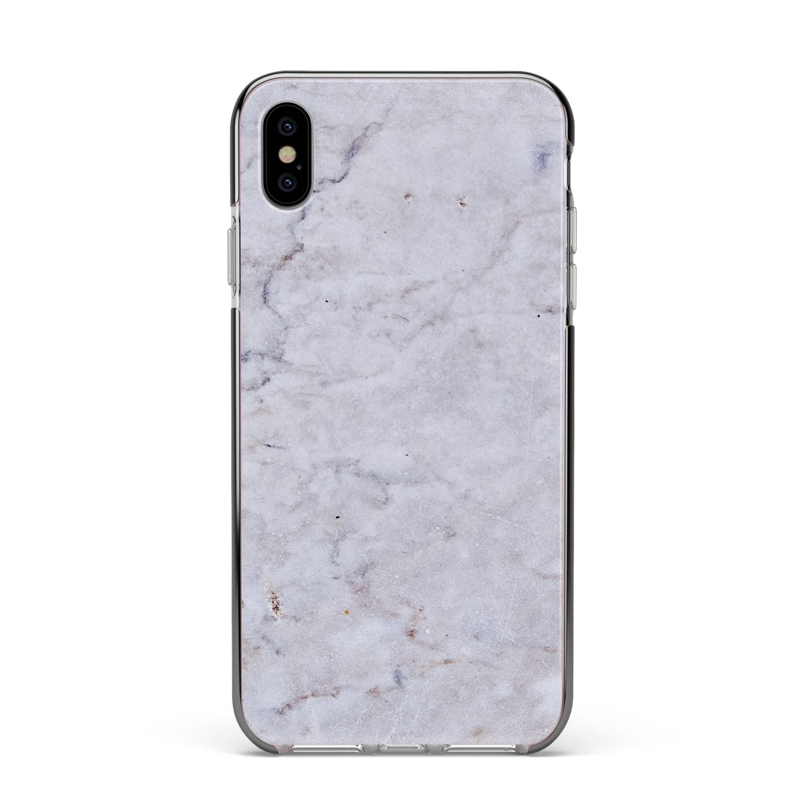 Faux Carrara Marble Print Grey Apple iPhone Xs Max Impact Case Black Edge on Silver Phone