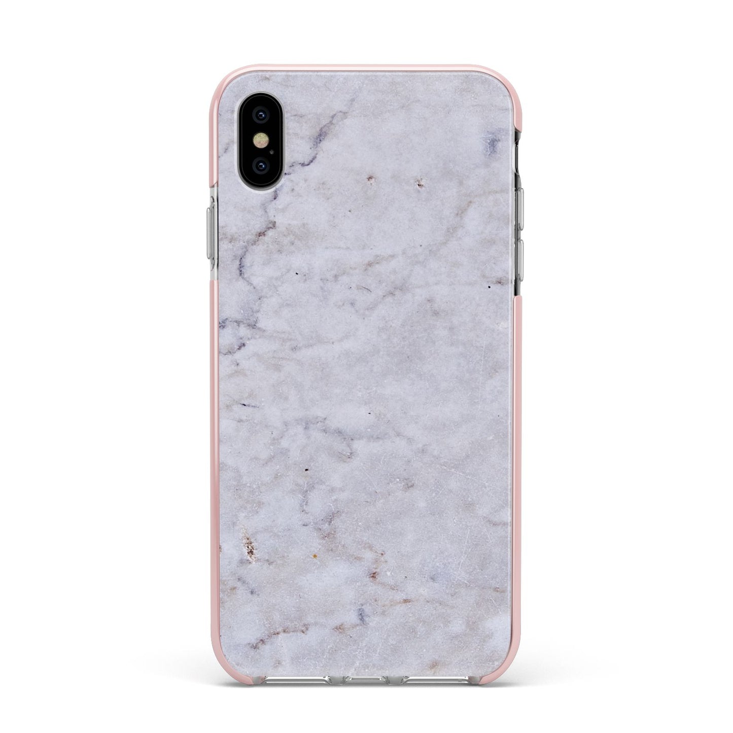 Faux Carrara Marble Print Grey Apple iPhone Xs Max Impact Case Pink Edge on Silver Phone