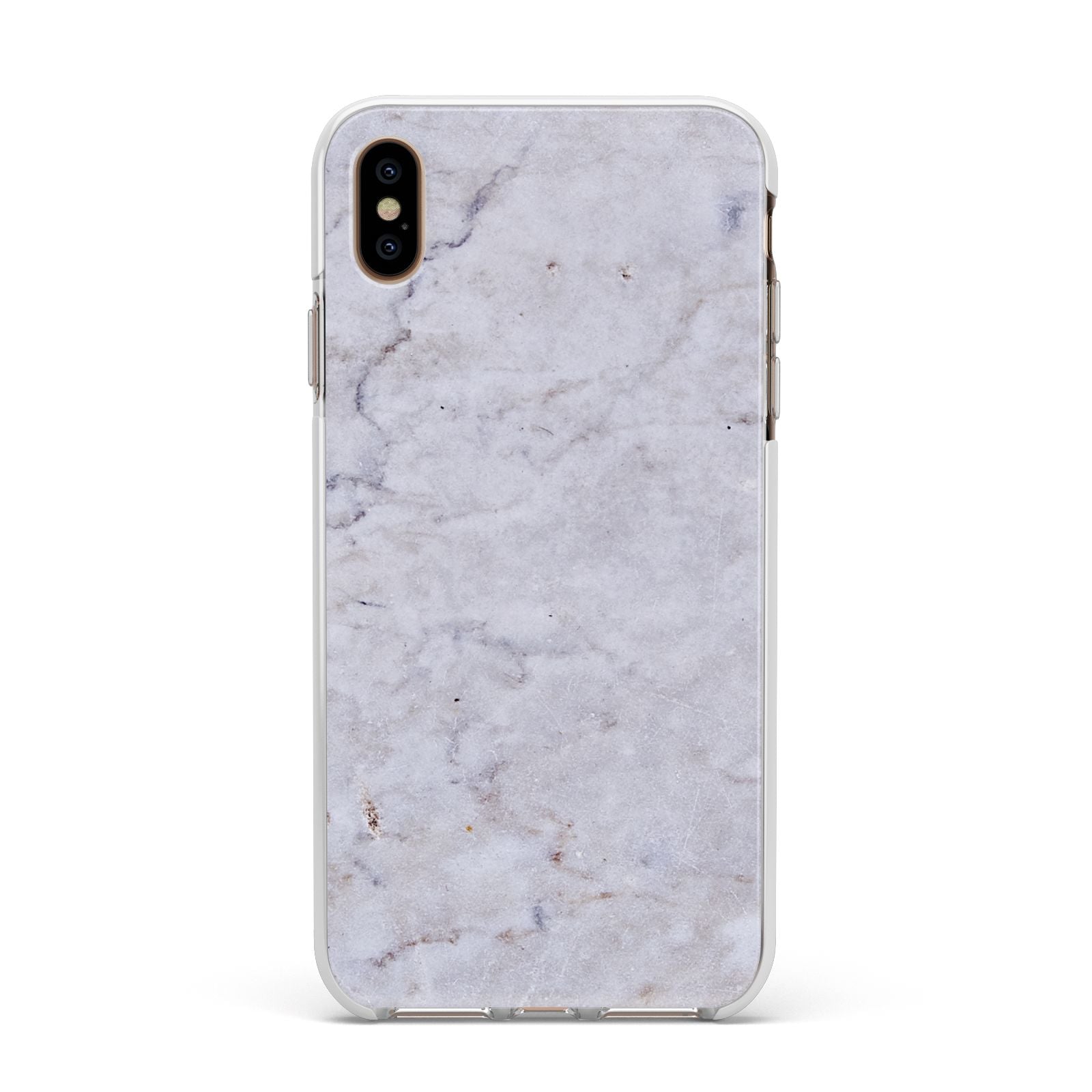 Faux Carrara Marble Print Grey Apple iPhone Xs Max Impact Case White Edge on Gold Phone