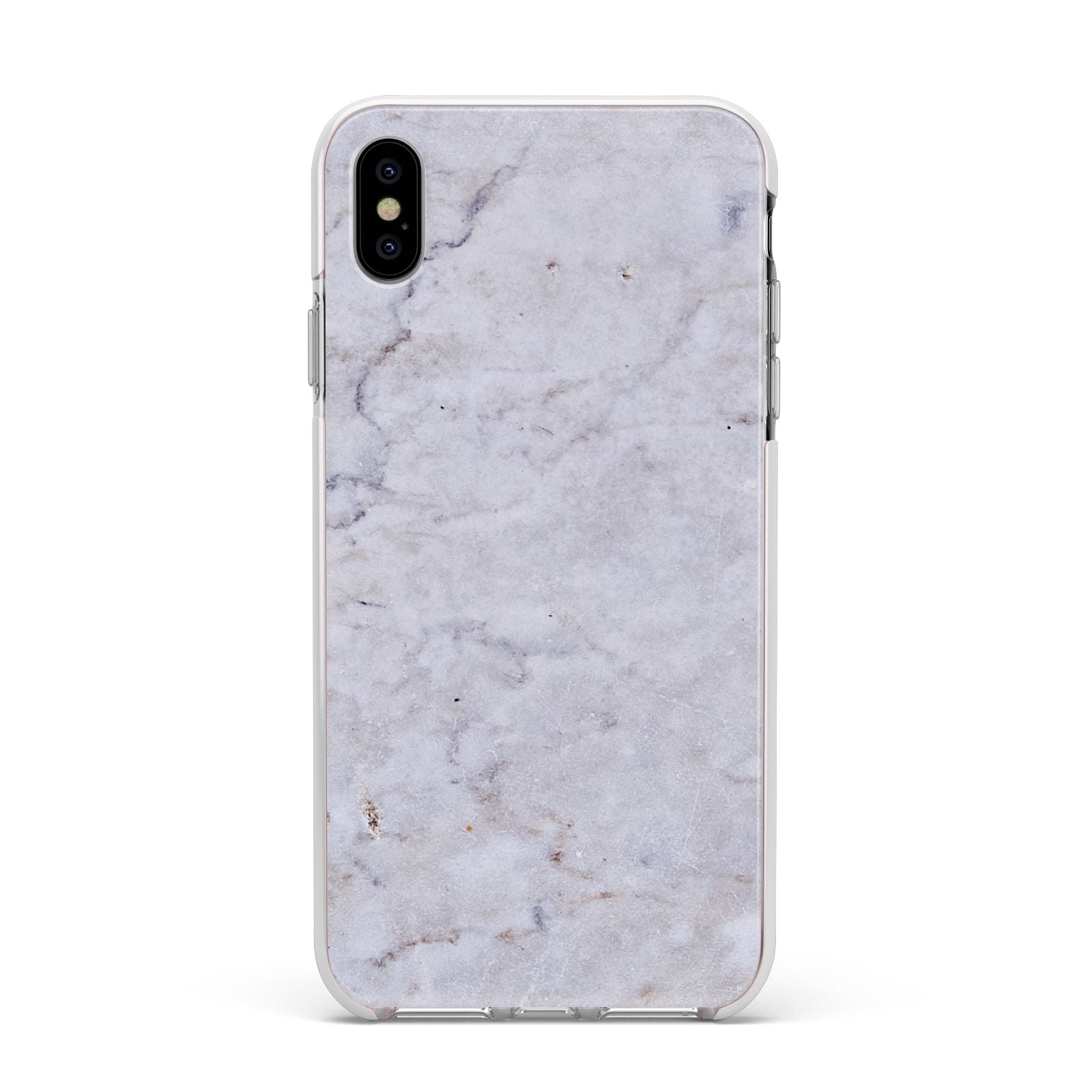 Faux Carrara Marble Print Grey Apple iPhone Xs Max Impact Case White Edge on Silver Phone