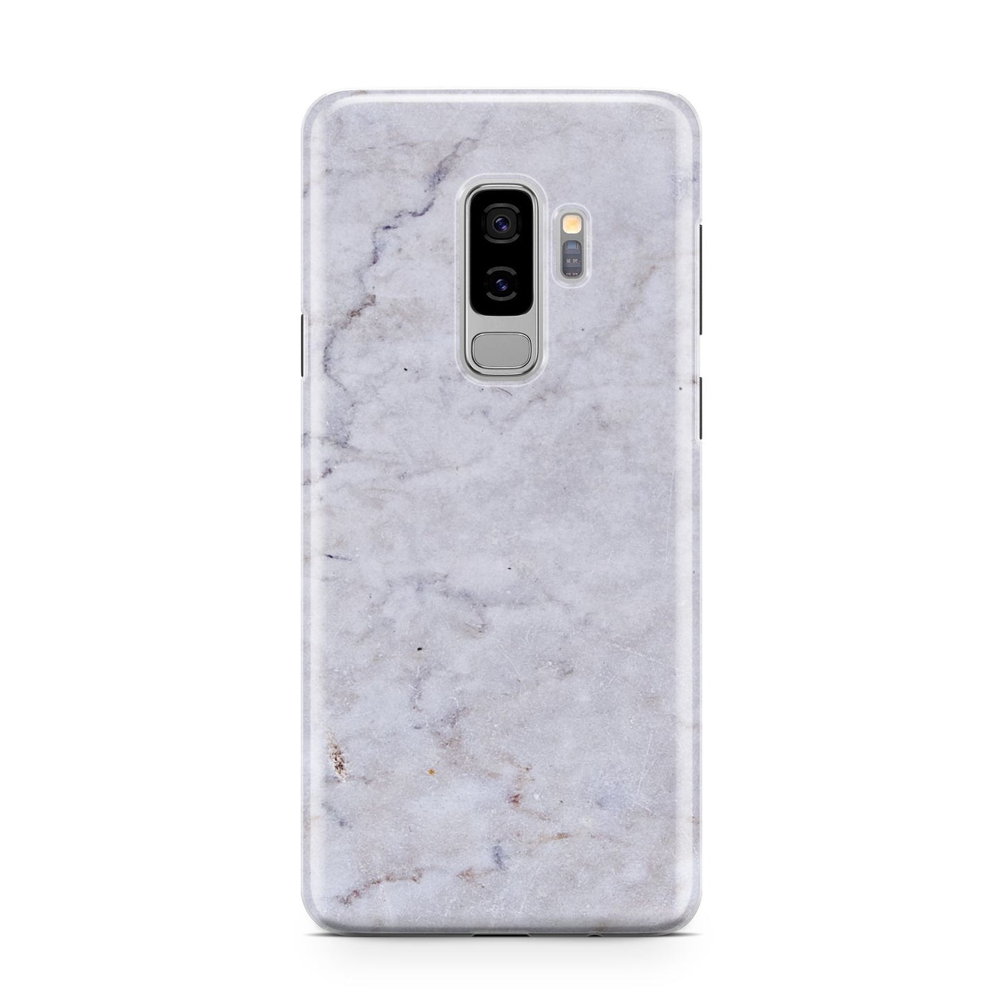 Faux Carrara Marble Print Grey Samsung Galaxy S9 Plus Case on Silver phone